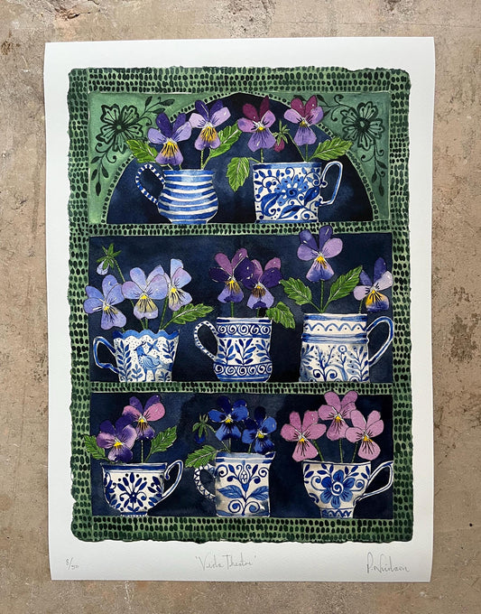 A3, limited edition giclee print of a watercolour and ink painting of violas in delftware, ceramic cups & mugs displayed in a plant Theatre.