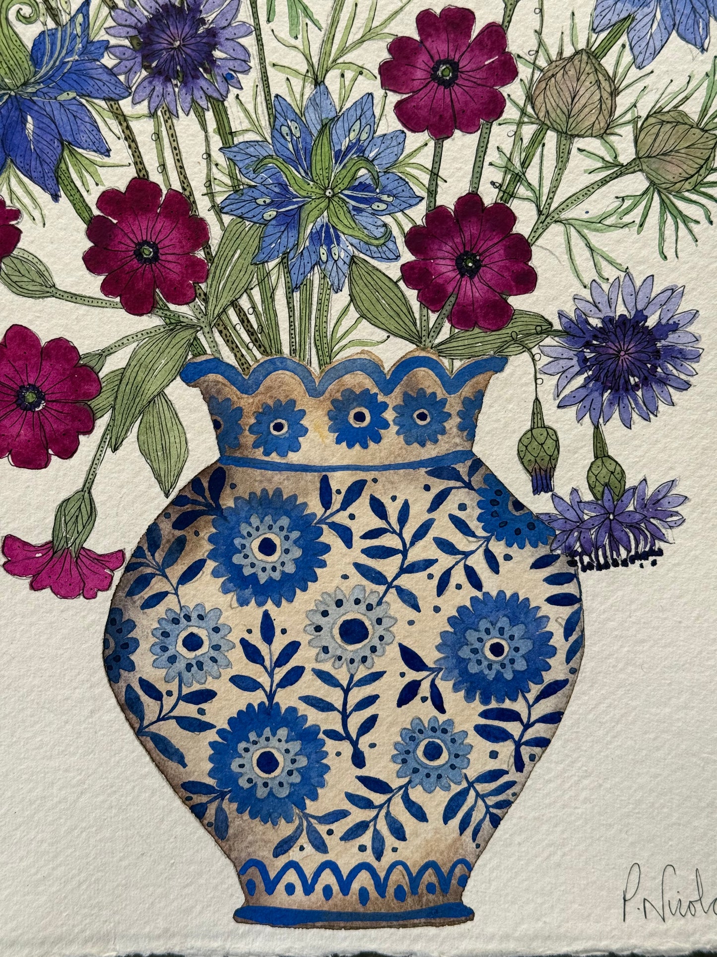 Original Watercolour Cornflowers, Lychnis and Love in a Mist.