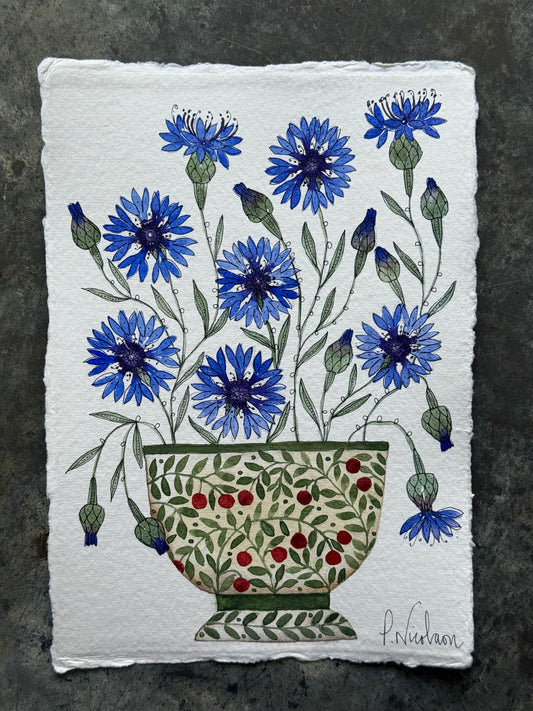 Original, A5 watercolour painting of Cornflowers in a green & red Ceramic Pot.