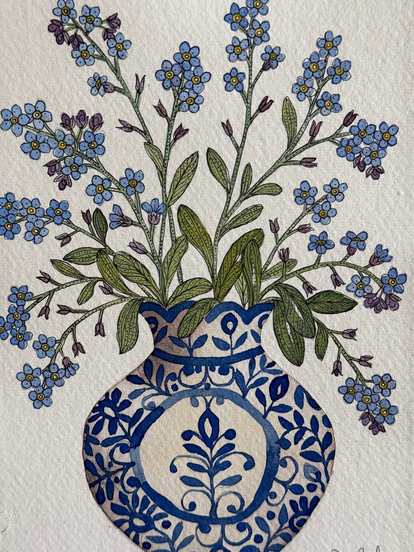 A5, Original Watercolour Forget me Nots in a Delft inspired vase.