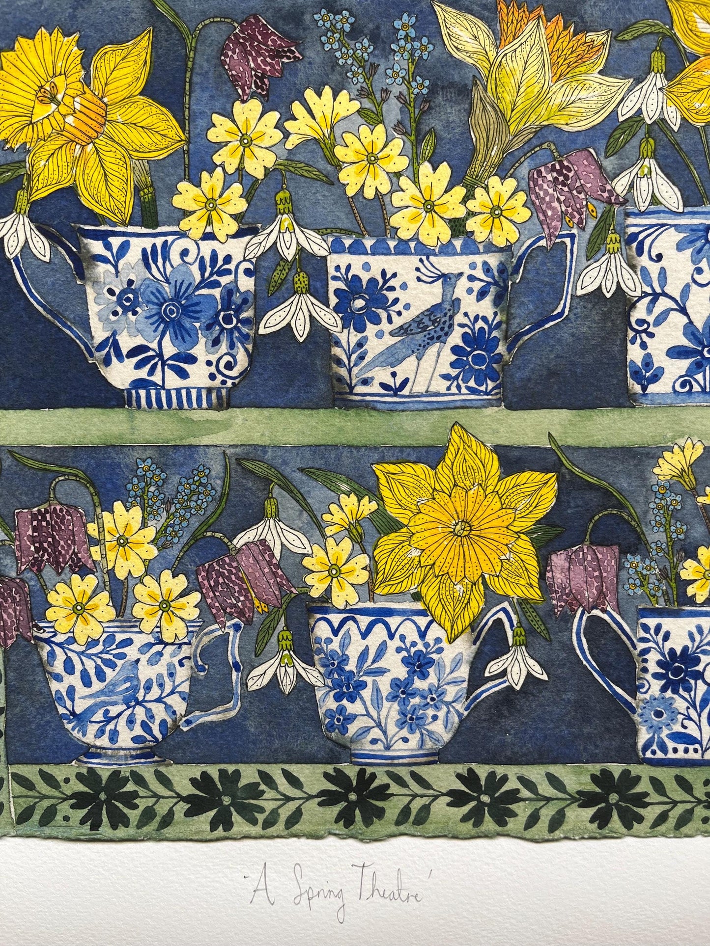 A3, giclee print of watercolour and ink daffodils and spring flowers in delft teacups and mugs displayed in a patterned plant Theatre.