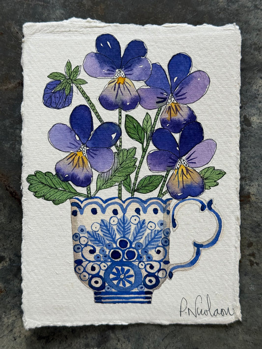 A6, Original Watercolour & Pen Violas in a a Teacup