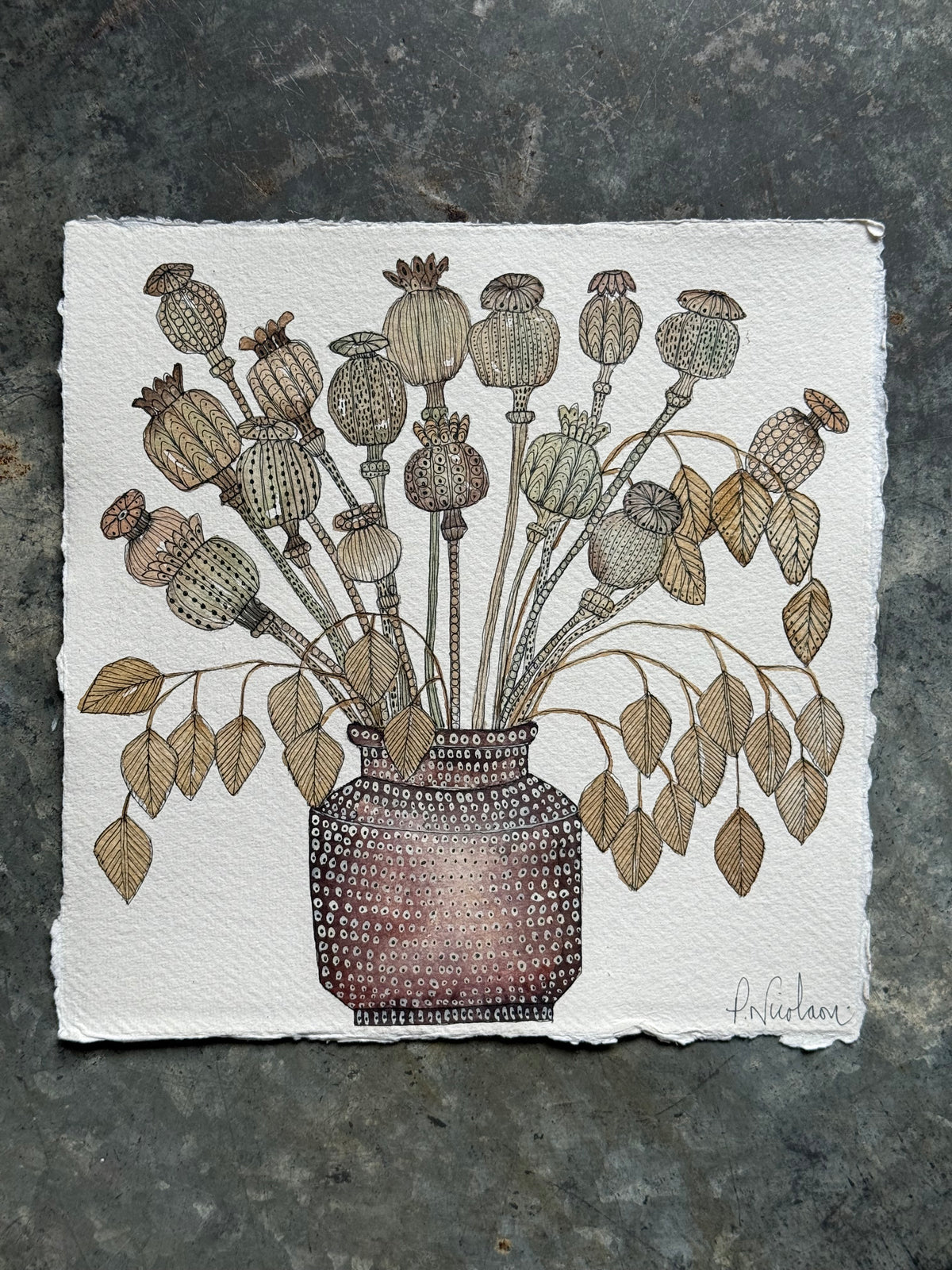Original Watercolour & Pen Dried Flowers