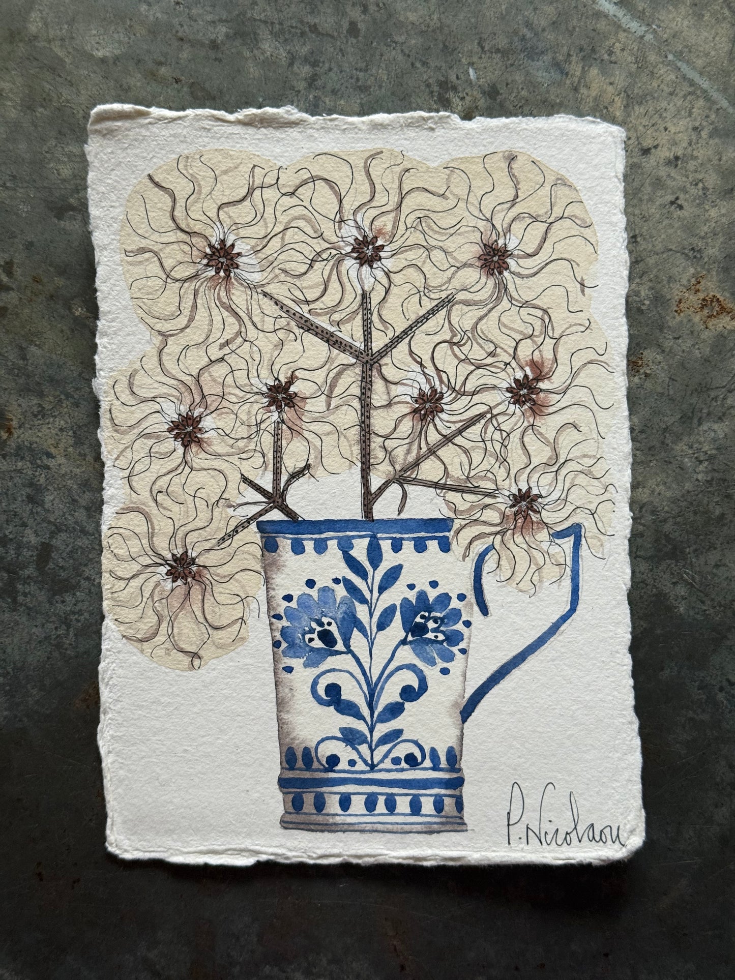 A6, Original Watercolour Old Man’s Beard in a Delft Mug