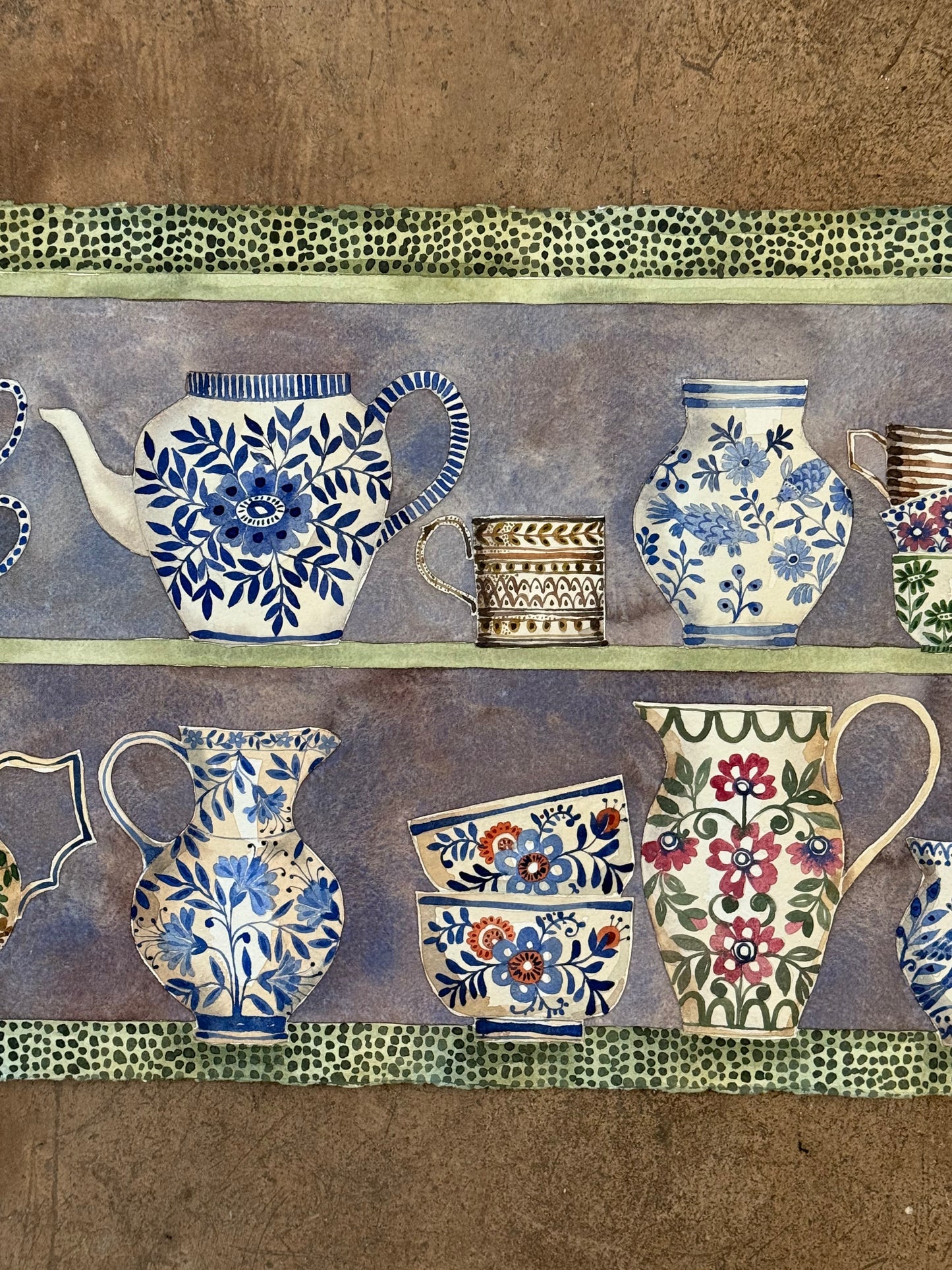 Original, Large Watercolour Stacked Teacups, Jugs & a Teapot