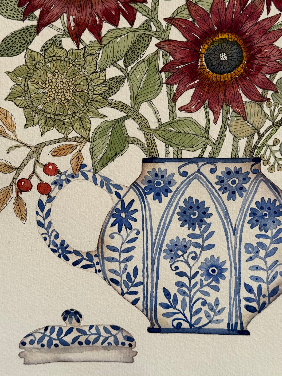 Large, Original Watercolour Autumnal Flowers & Teapot