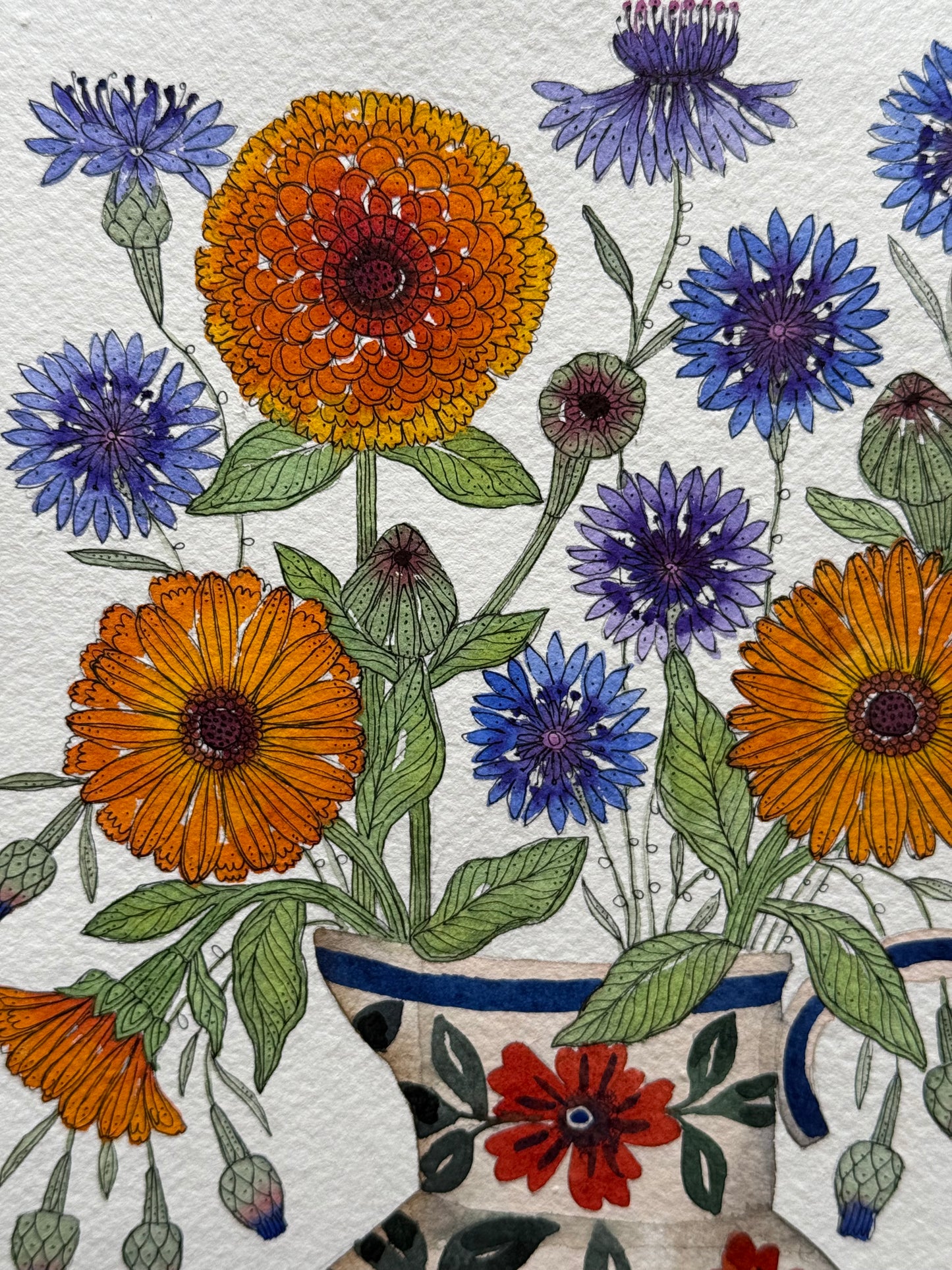 A4, Original Watercolour Calendulas & Cornflowers.