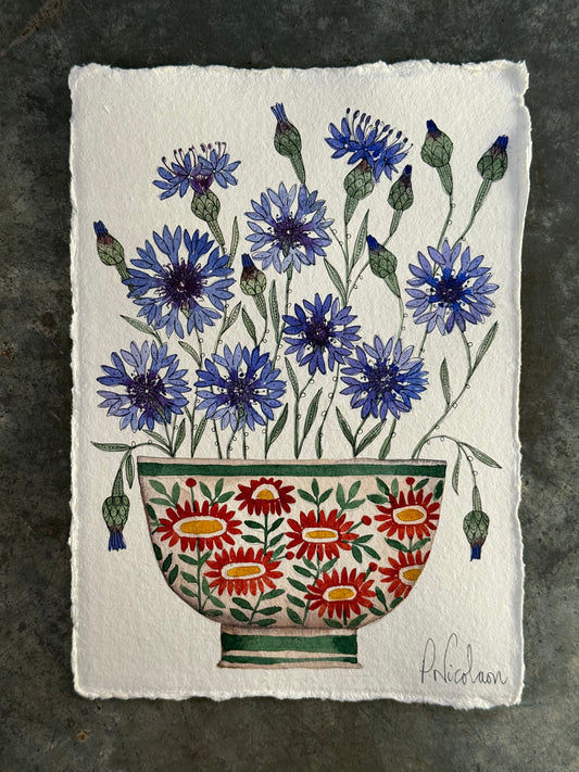 Original, A5 watercolour painting of Cornflowers in a Ceramic Vessel.