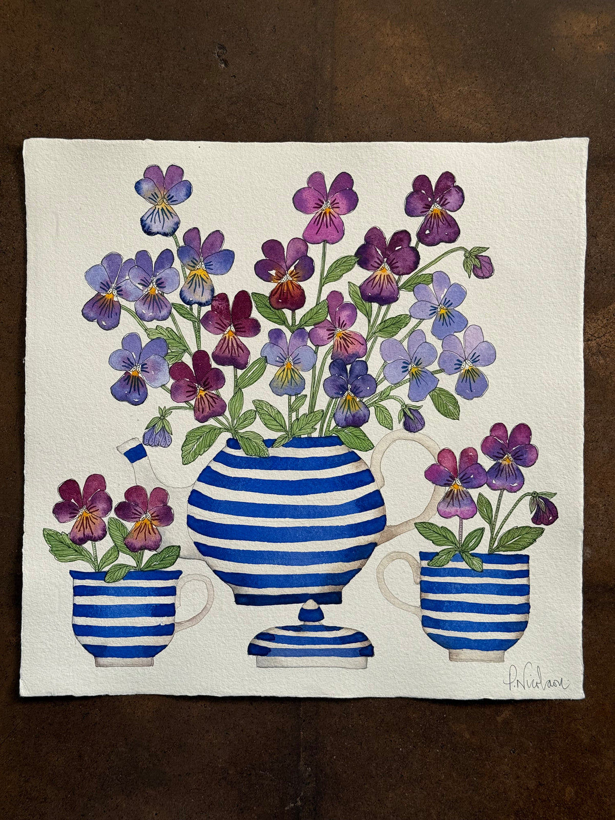 Large, Original Watercolour Violas in Blue & White Stripes