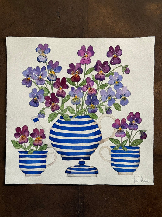 Large, Original Watercolour Violas in Blue & White Stripes