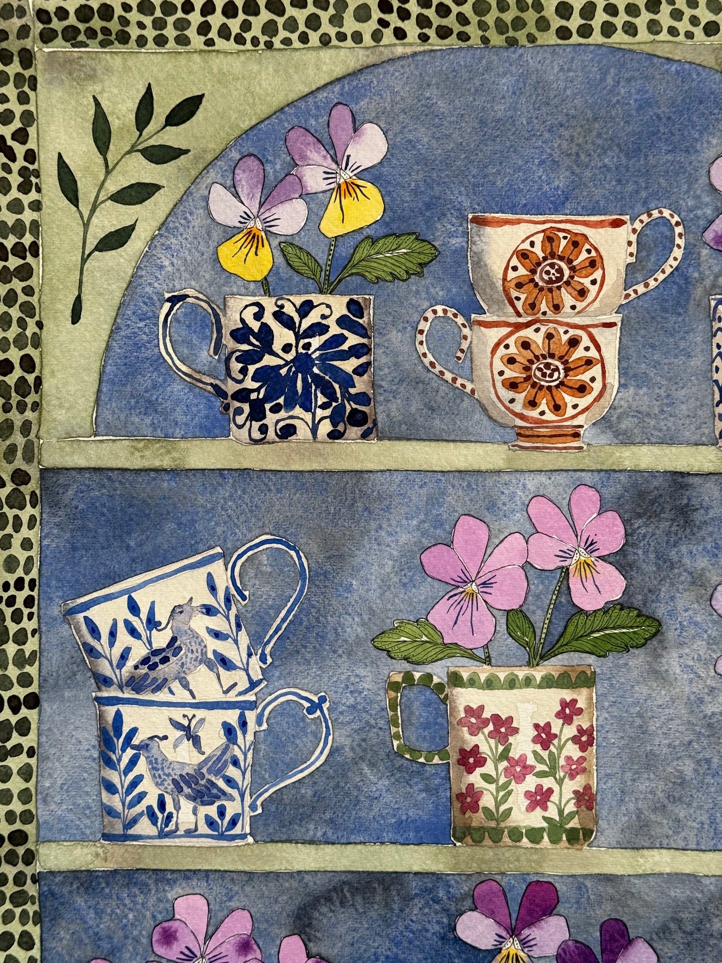 Original, Large Watercolour & ink Violas and Stacked Teacups