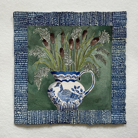 Original, watercolour & Ink Bulrushes and Reads in a delft inspired Jug