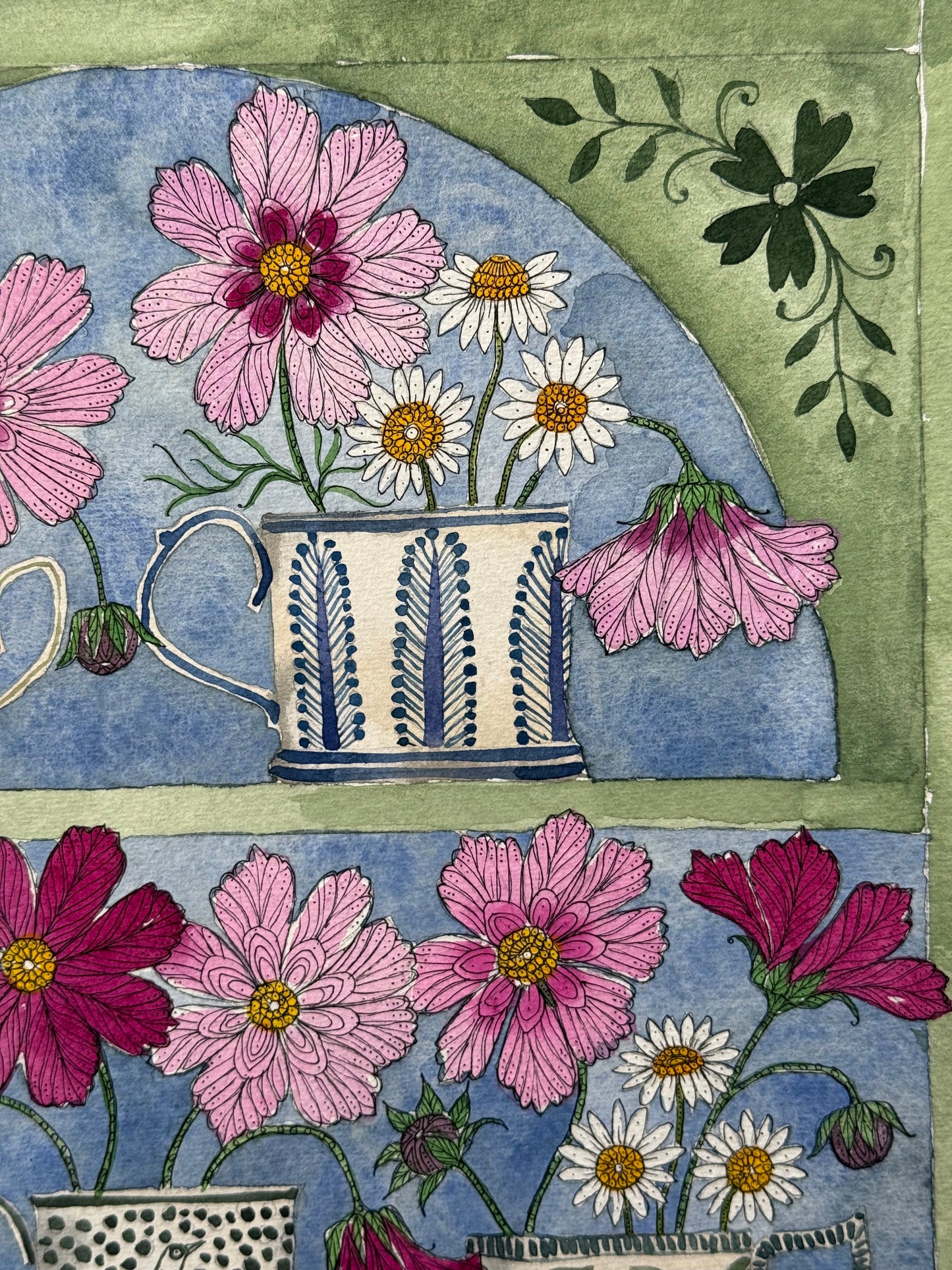 Original, A3, Watercolour painting of Cosmos & Daisy flowers in a Plant Theatre.