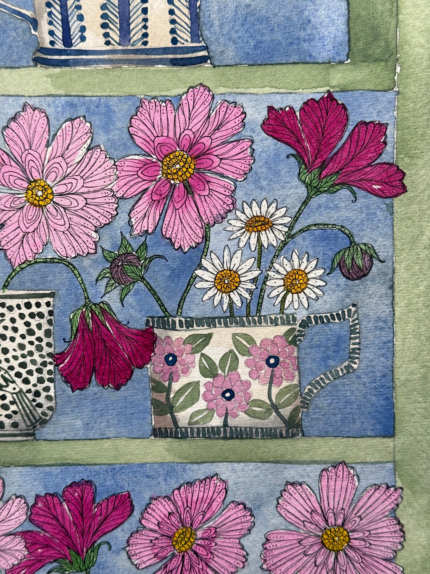 Original, A3, Watercolour painting of Cosmos & Daisy flowers in a Plant Theatre.