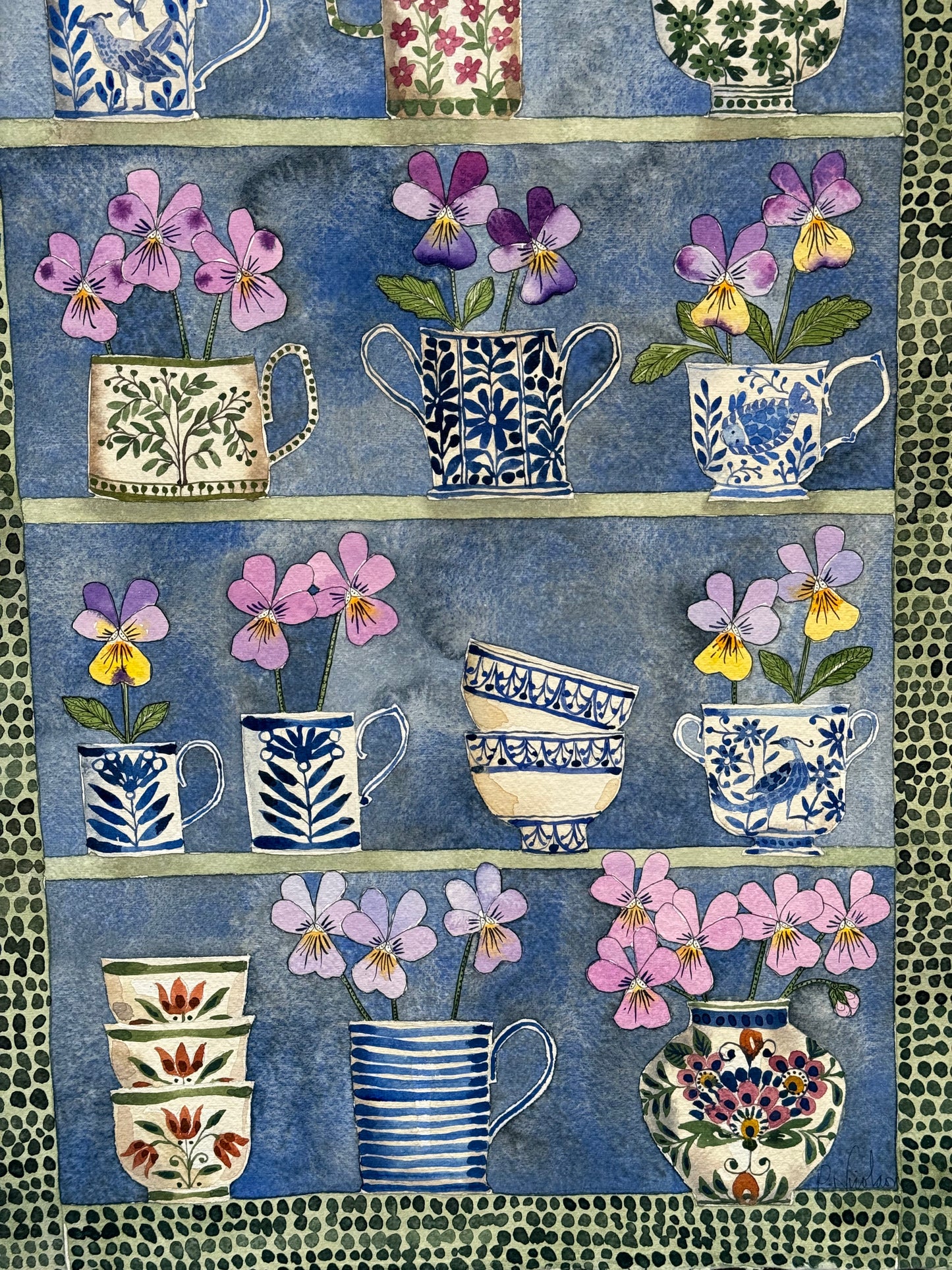Original, Large Watercolour & ink Violas and Stacked Teacups