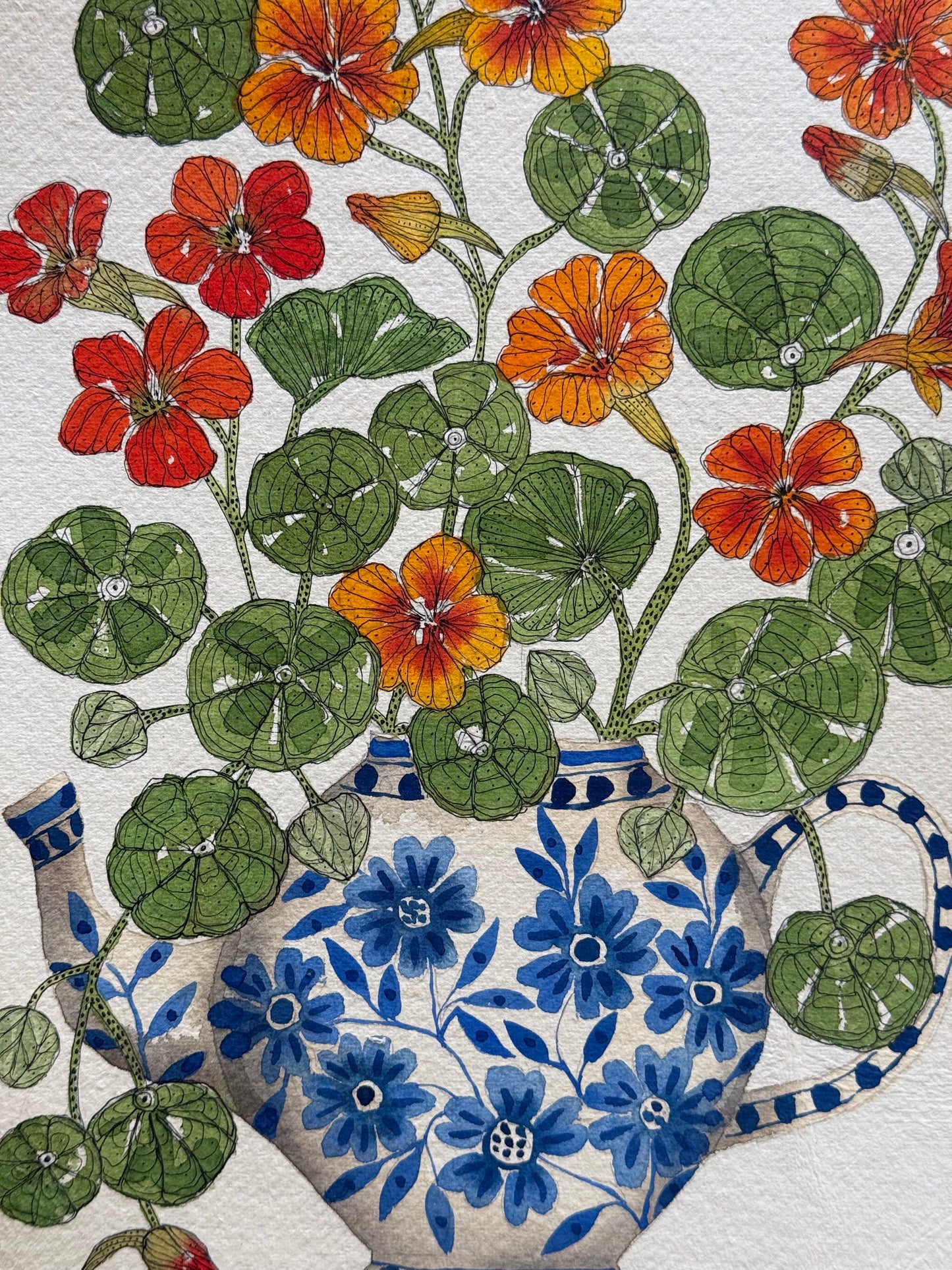 A4, Original Watercolour & Pen Nasturtiums in a Delft Teapot