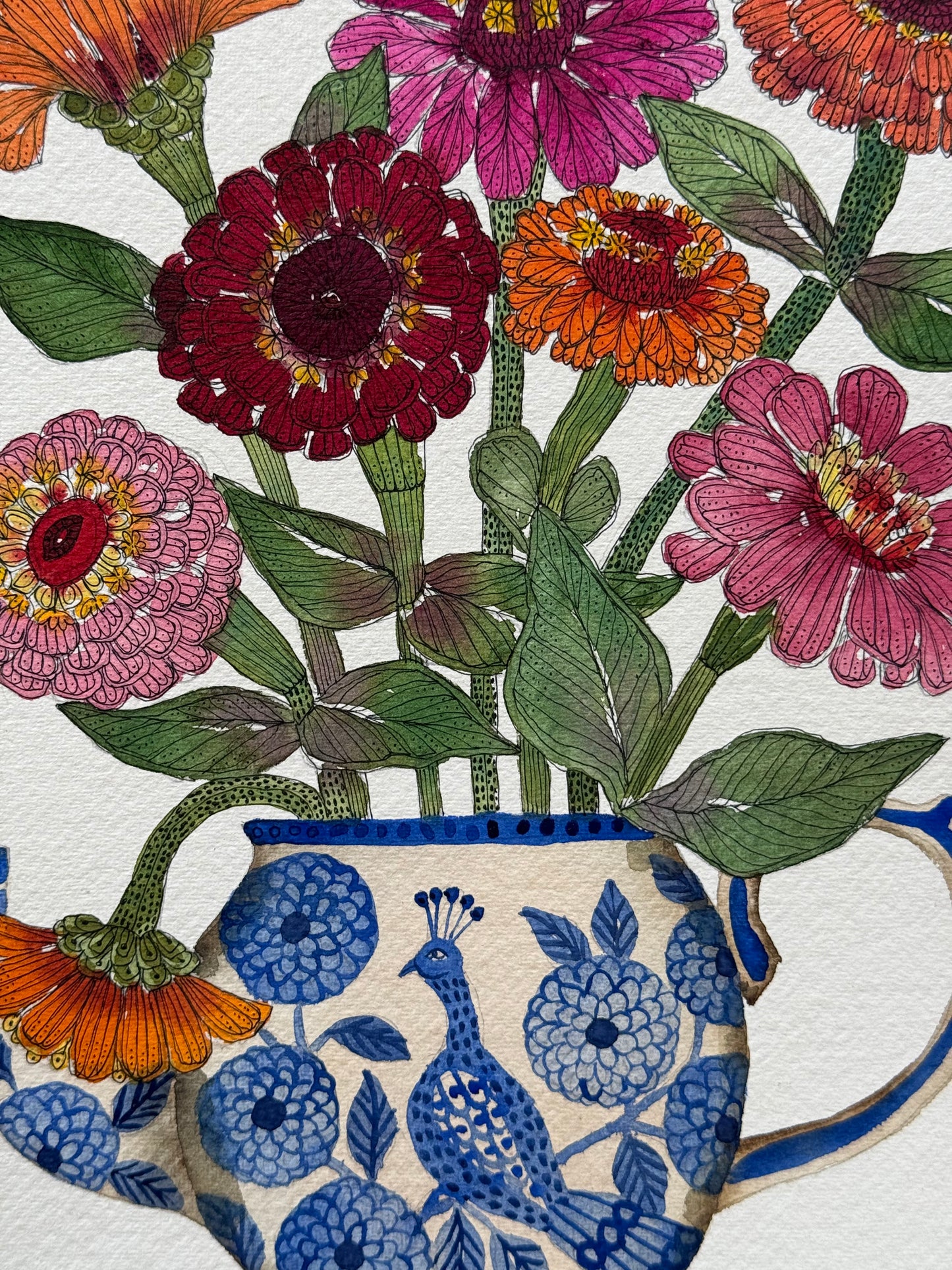 A4, Original Watercolour & Pen Zinnias