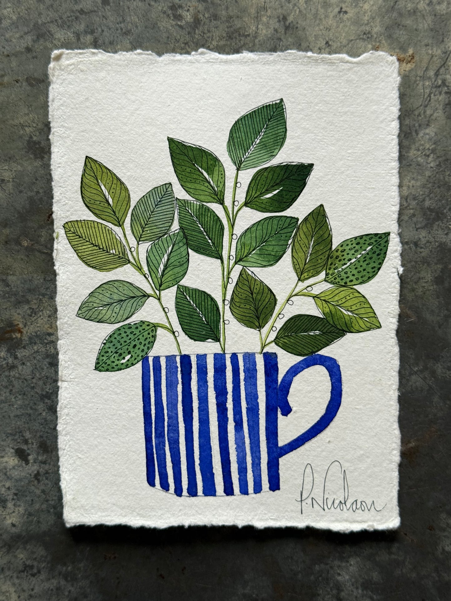 Original, A6 Watercolour Leaves in a blue & white Stripe Mug.