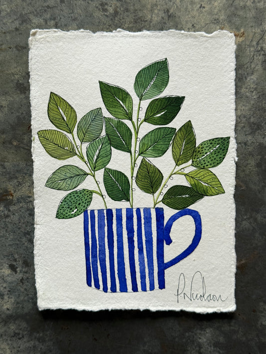 Original, A6 Watercolour Leaves in a blue & white Stripe Mug.