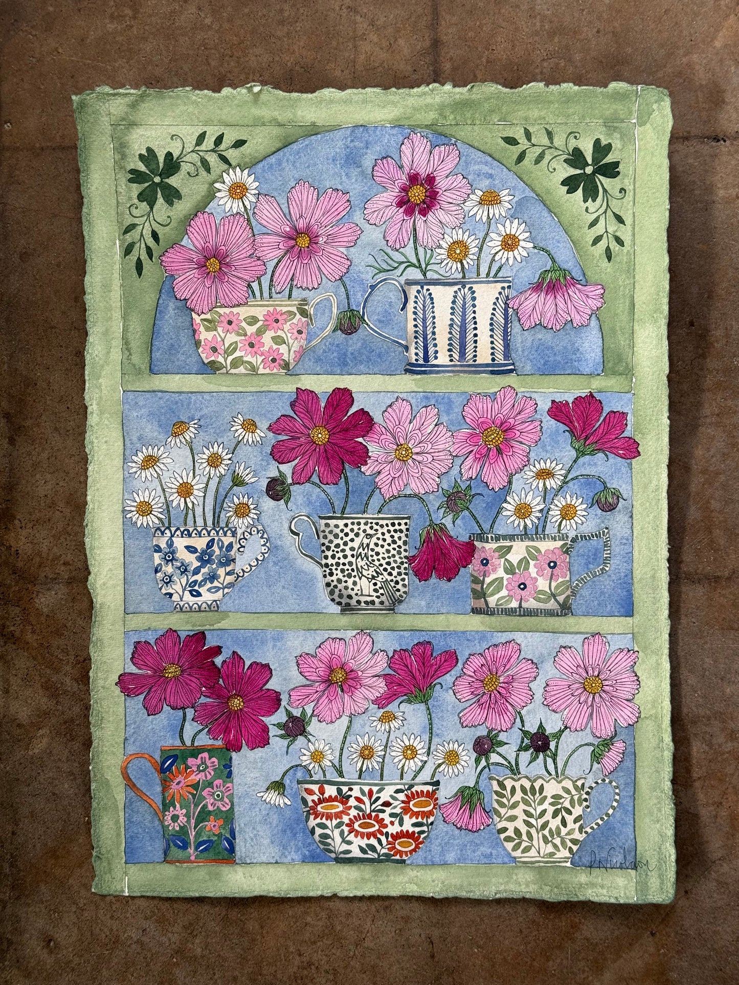 Original, A3, Watercolour painting of Cosmos & Daisy flowers in a Plant Theatre.