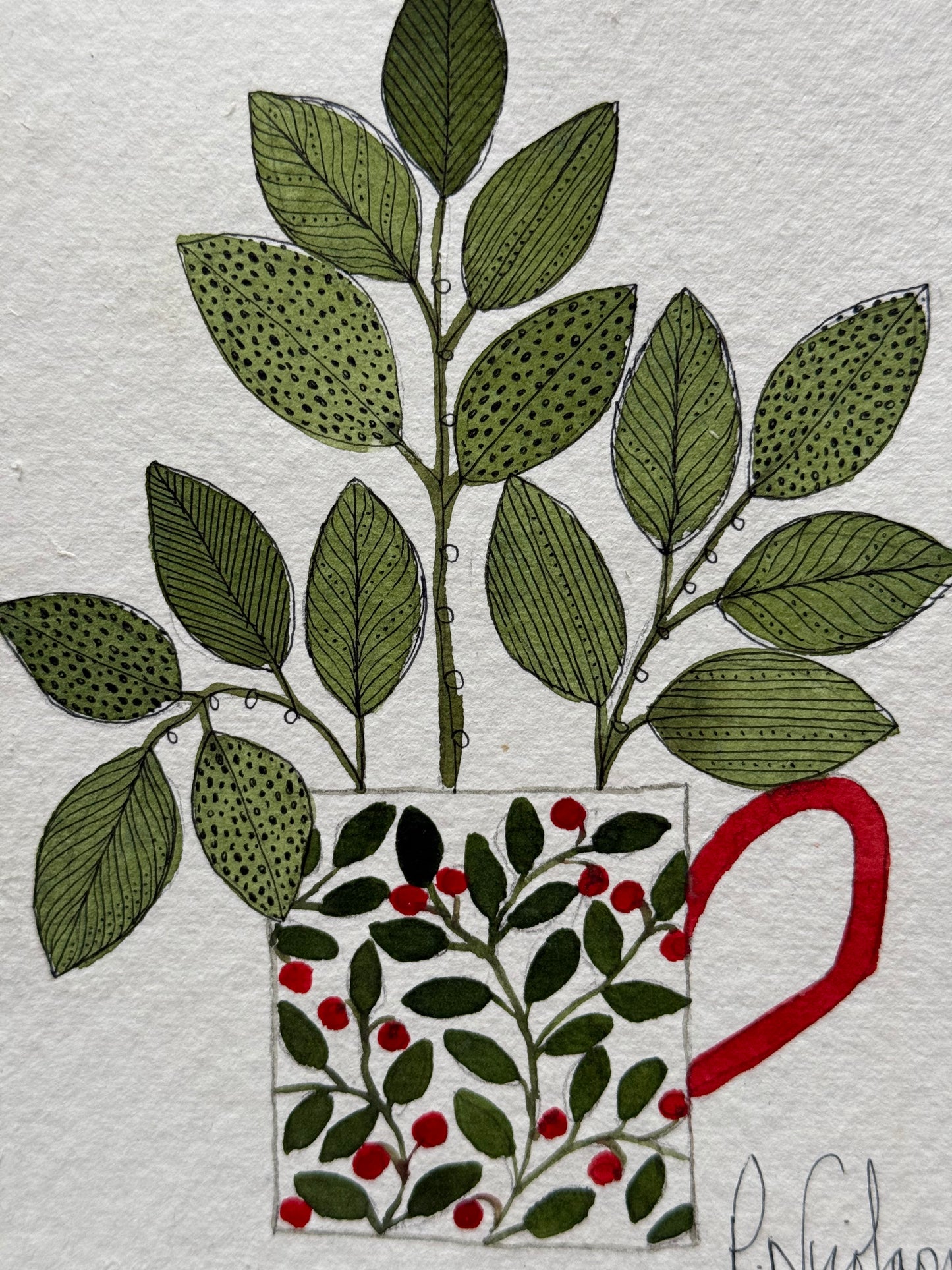 Original, A6 Watercolour Leaves in a Festive Mug.
