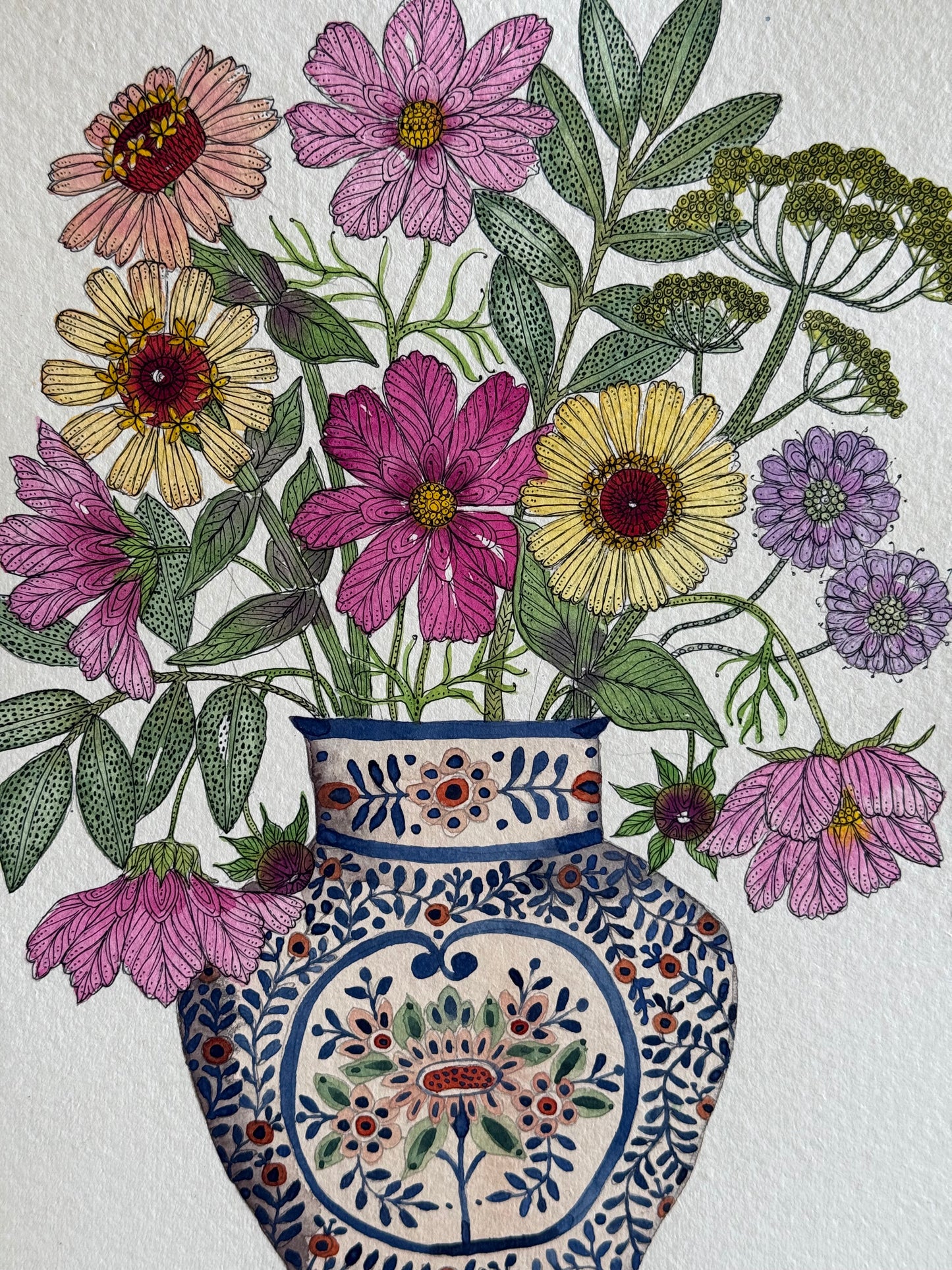Original, A4 watercolour painting of Zinnias, Cosmos, Scabiosa & Foliage in a Patterned Ceramic Vase.
