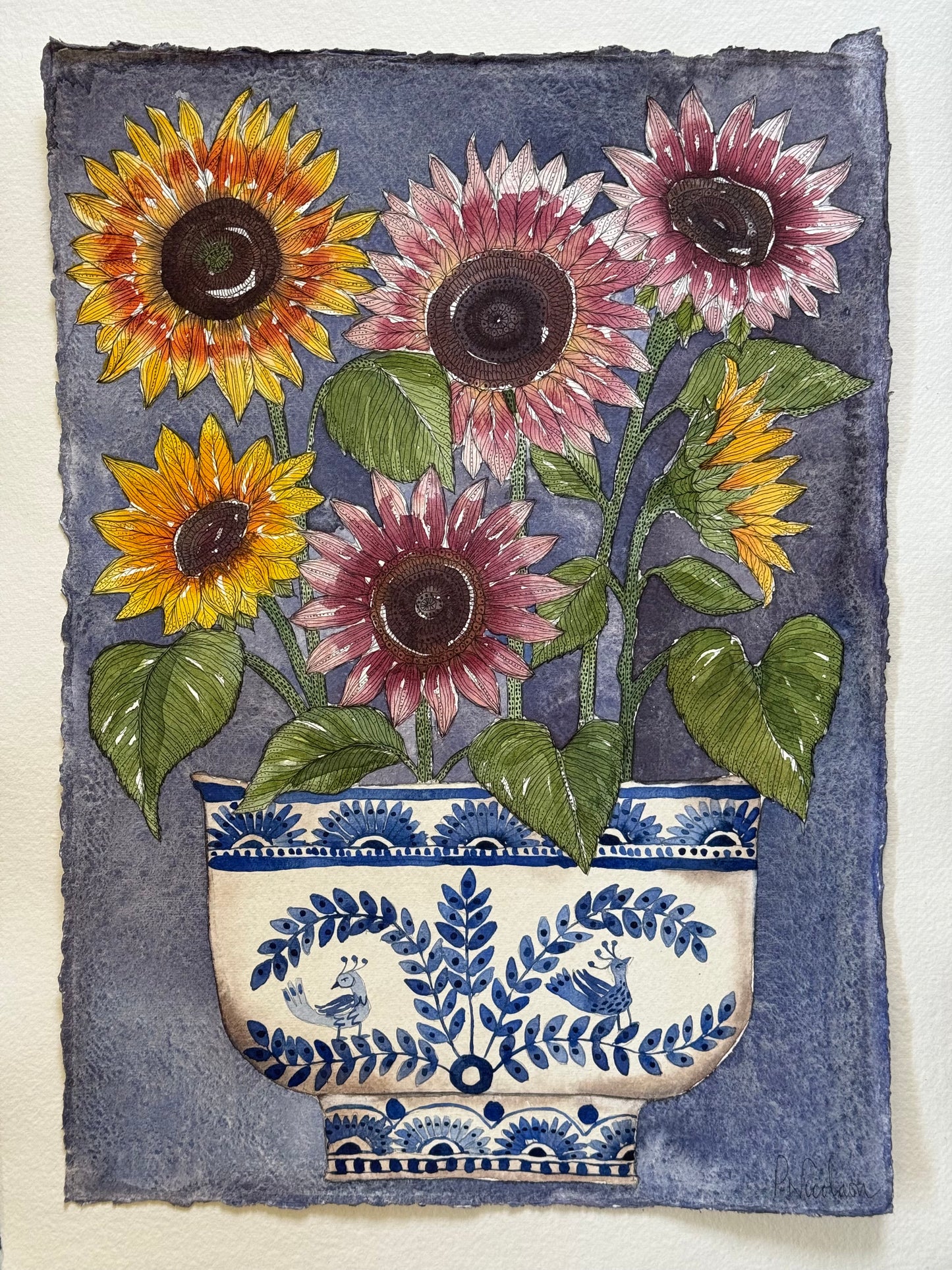 A3, Original Watercolour Sunflowers in a Delft Inspired Vessel.