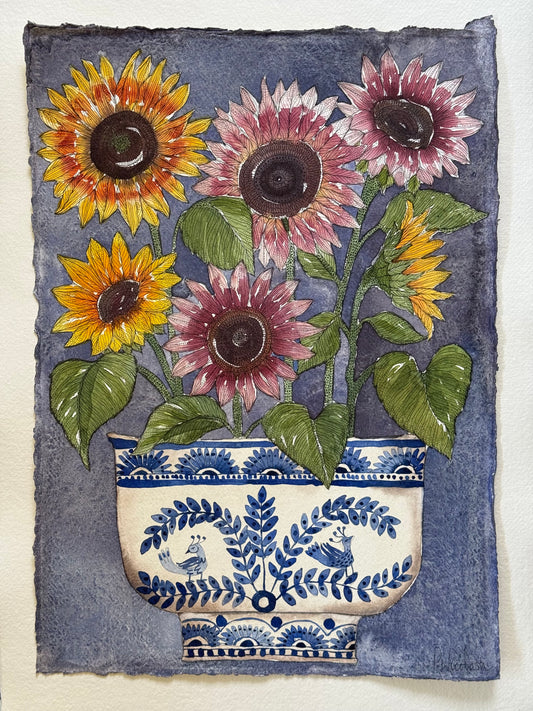 A3, Original Watercolour Sunflowers in a Delft Inspired Vessel.