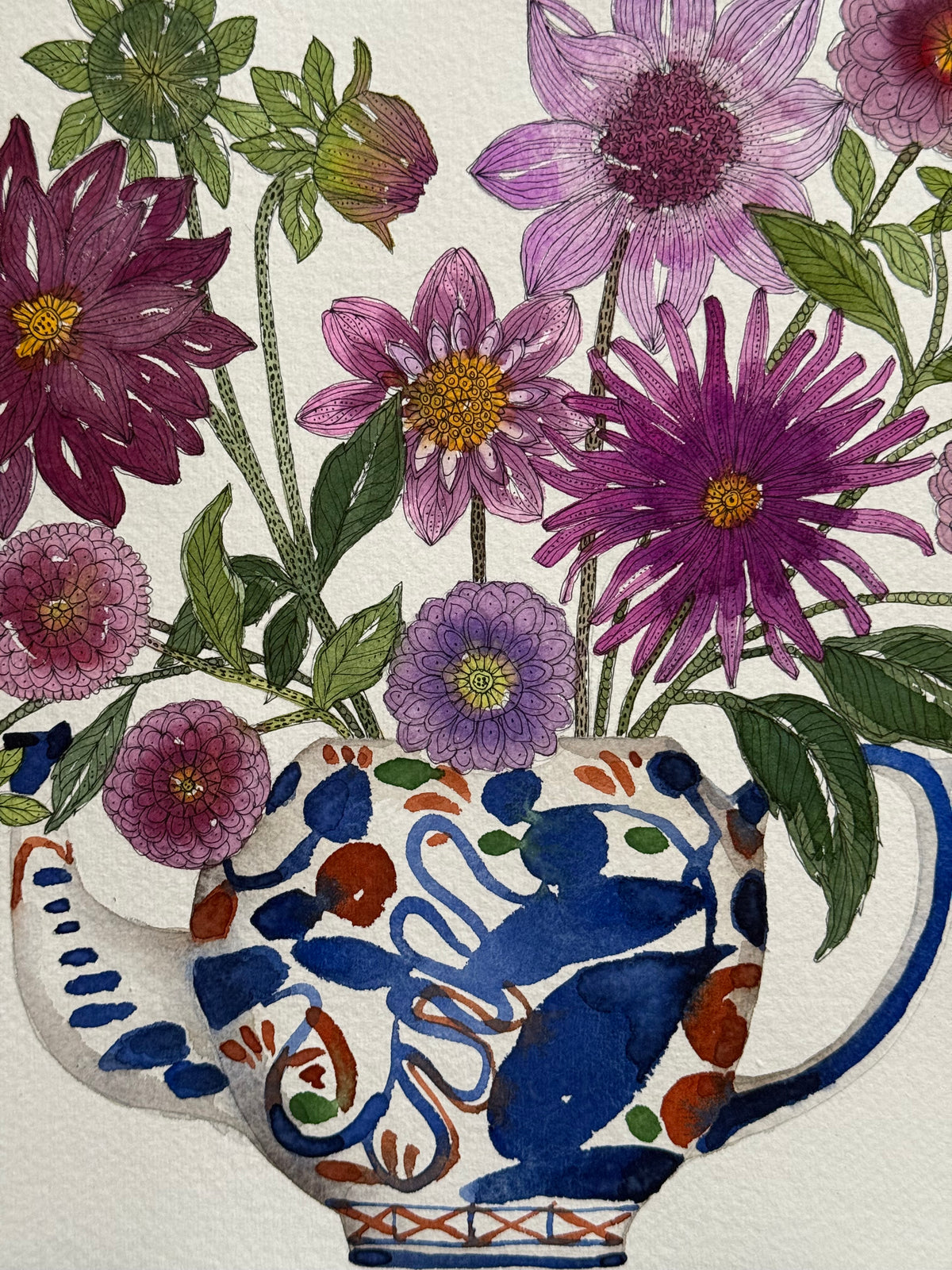 Large, Original Watercolour Dahlias in a Teapot
