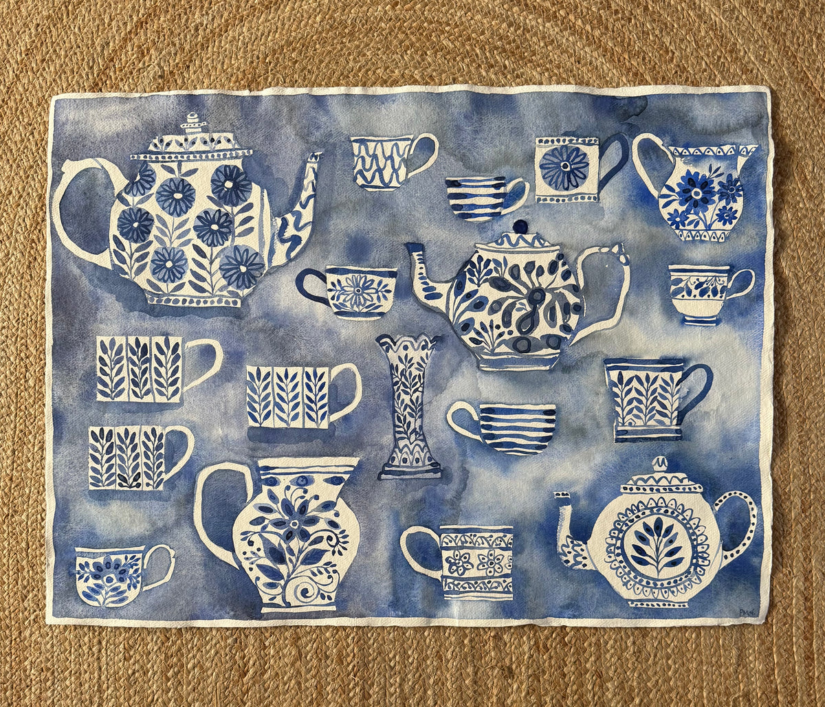Extra Large, Original Watercolour Painting ‘A Blue Tea Party’
