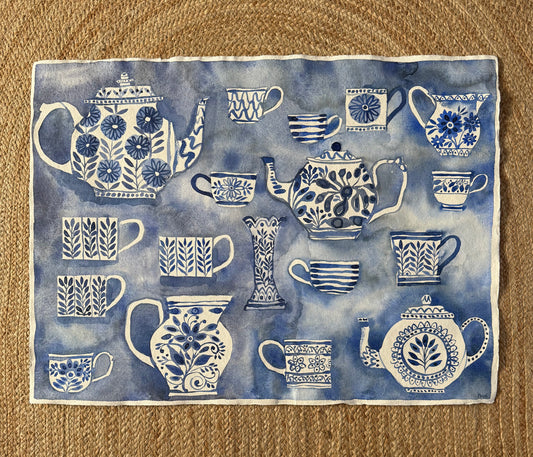 Extra Large, Original Watercolour Painting ‘A Blue Tea Party’