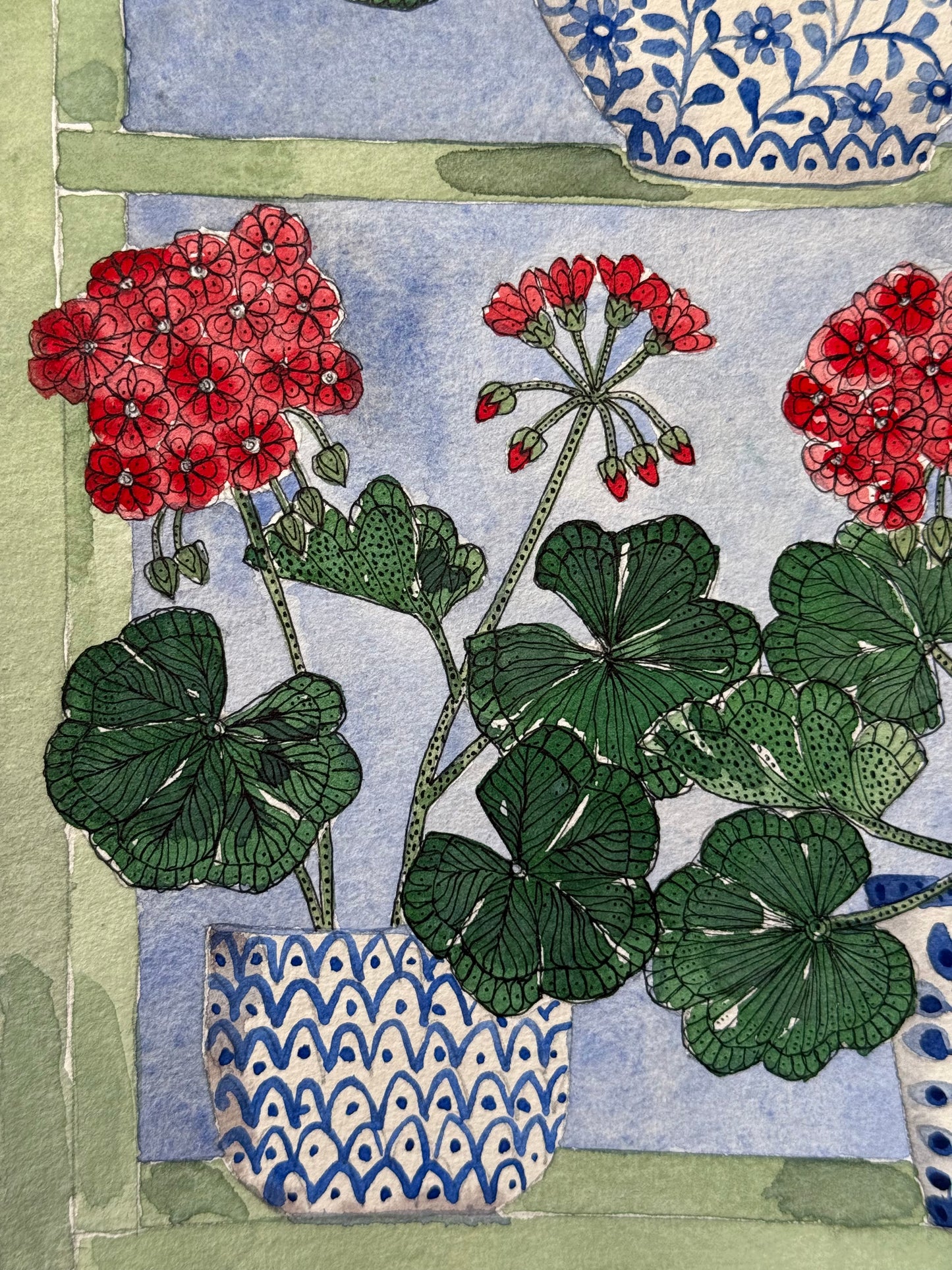 Original (A4) Geraniums on the windowsill, Watercolour Painting.
