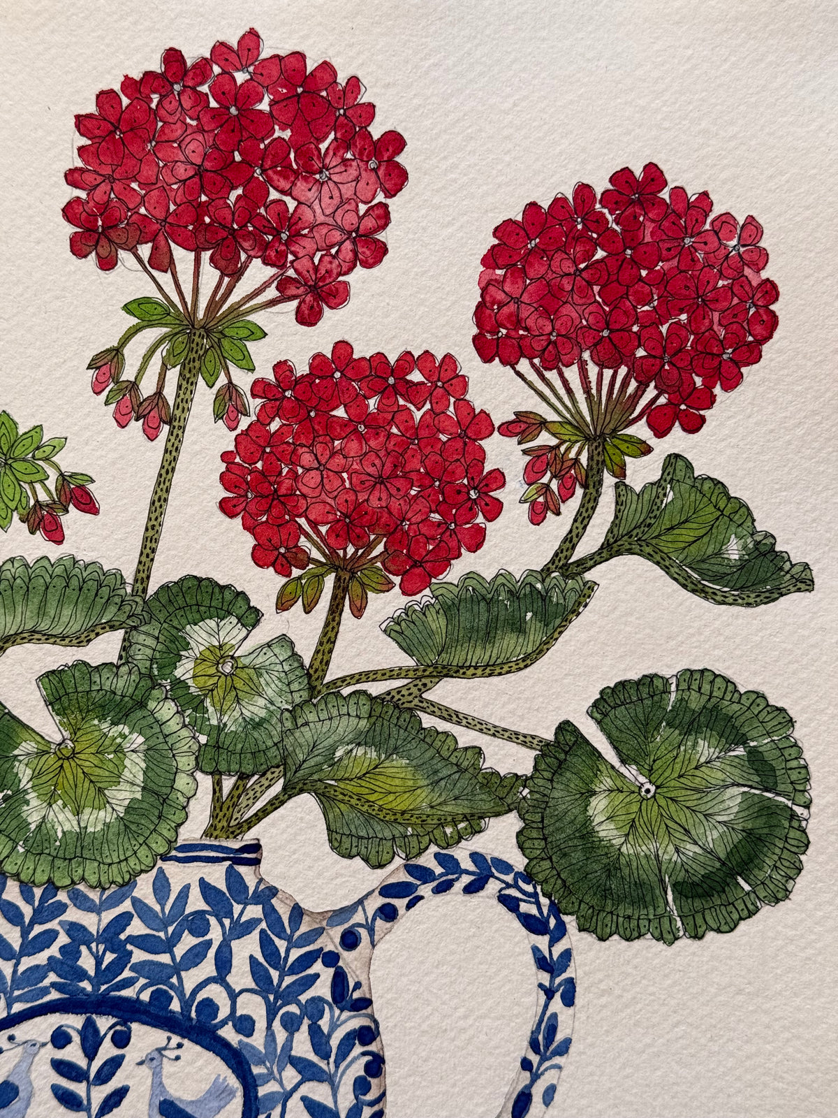 Large, Original Watercolour Geraniums in a Vintage Pot.