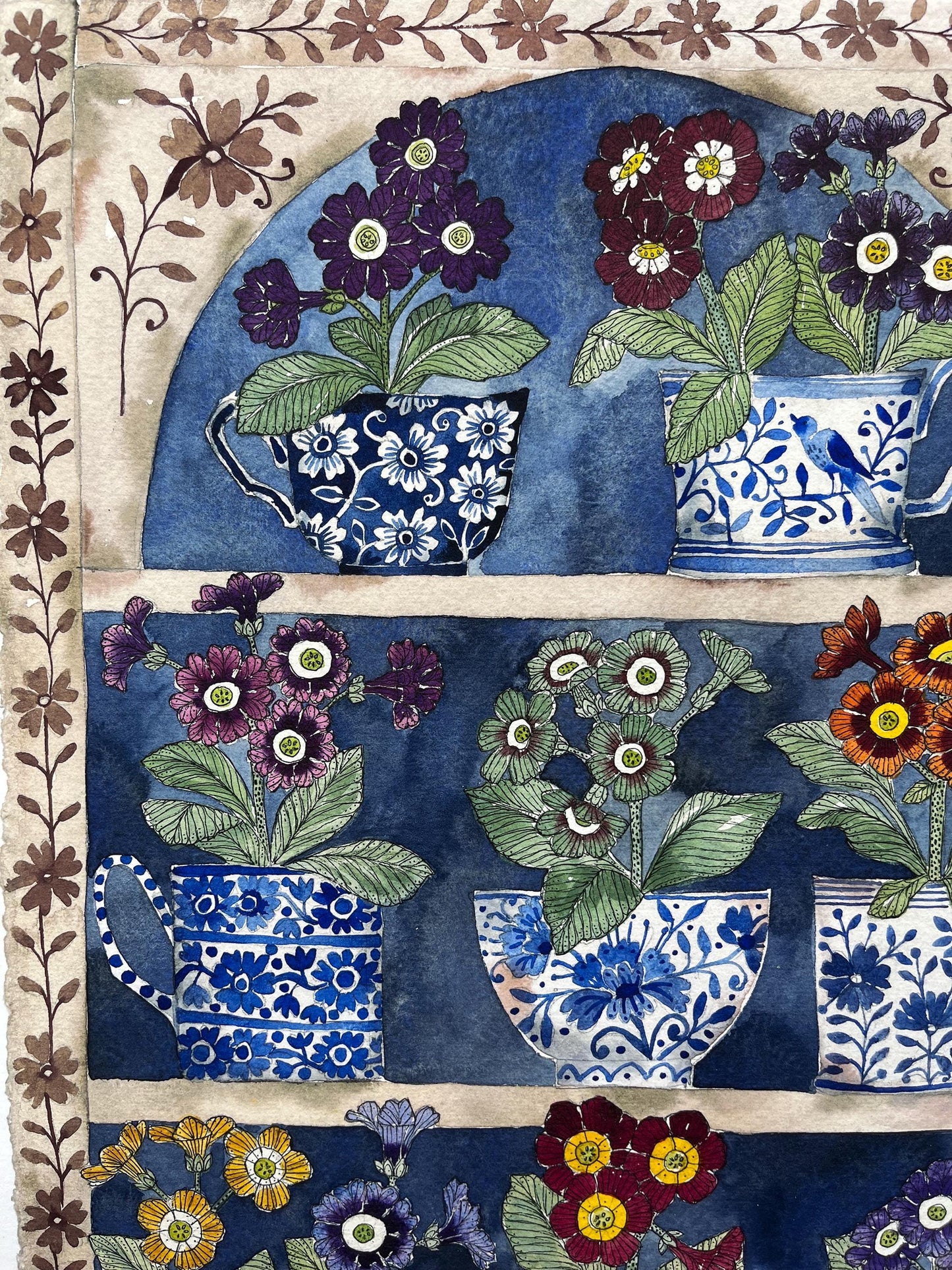 A3, limited edition giclee print of a watercolour and ink Auricular in delftware, ceramic mugs displayed in a plant Theatre.