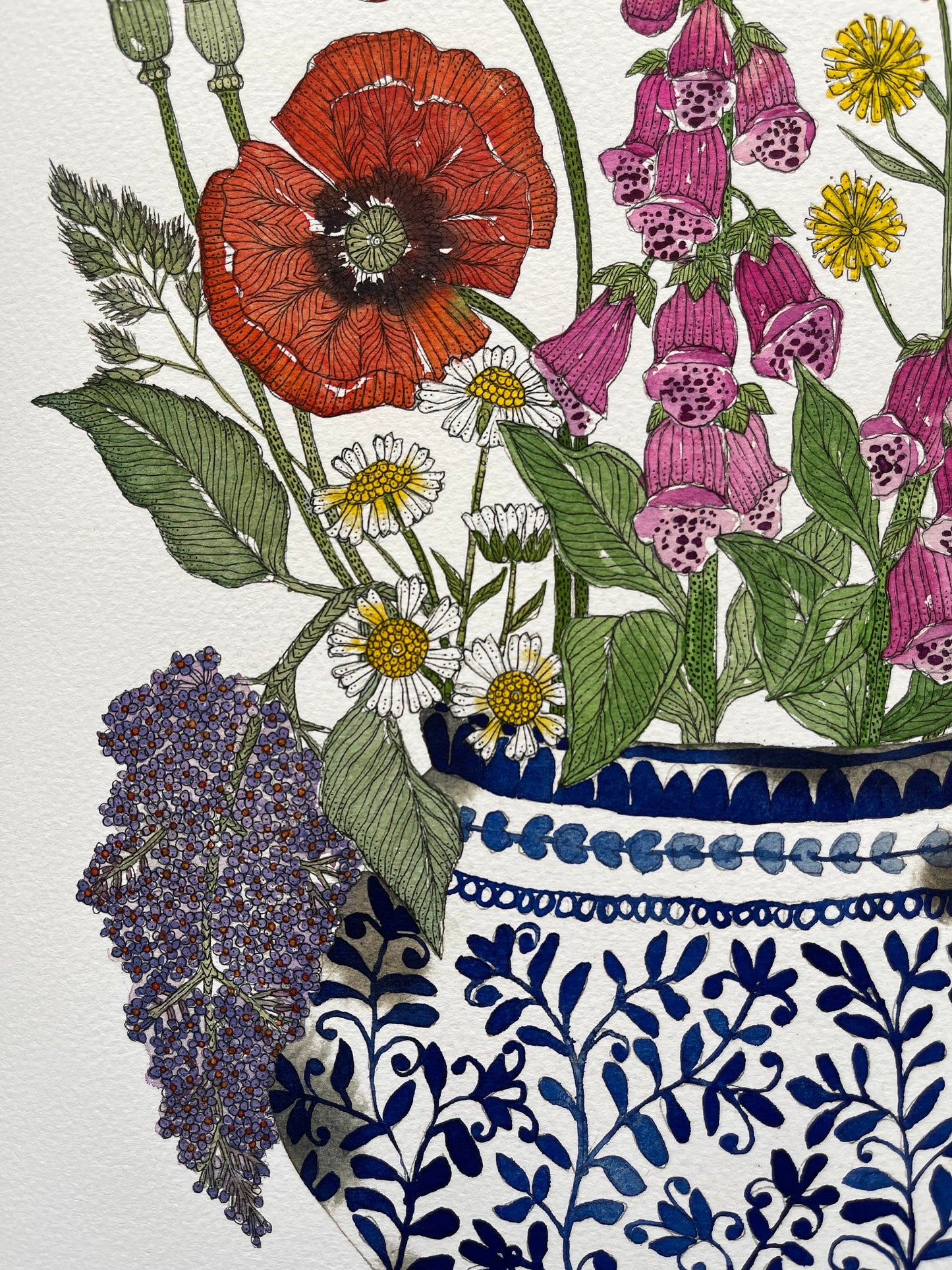 A3, limited edition giclee print of foxgloves, dandelions, buddleja, daisies and red poppies in a blue and white patterned cramic, vessel.