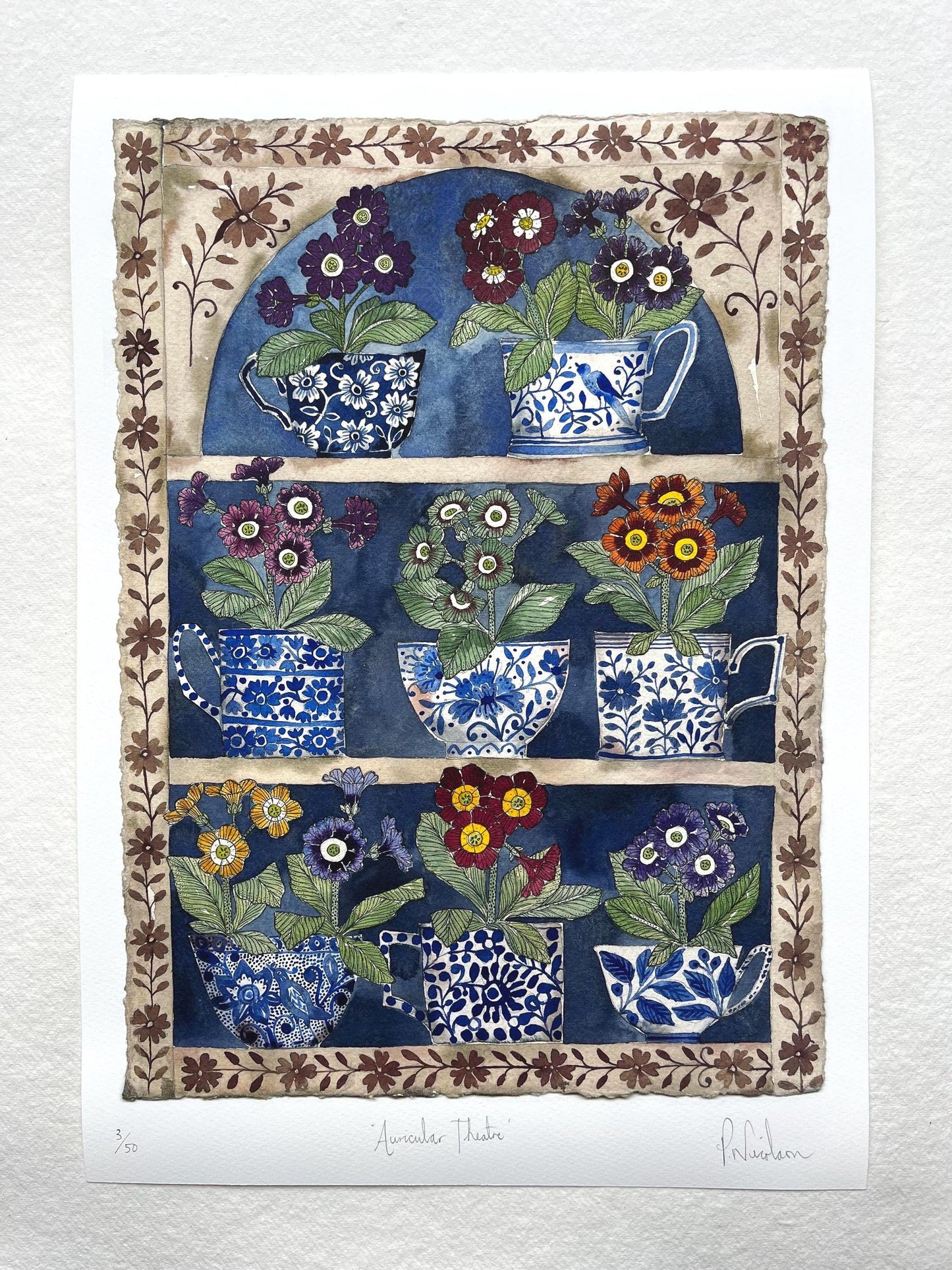 A3, limited edition giclee print of a watercolour and ink Auricular in delftware, ceramic mugs displayed in a plant Theatre.