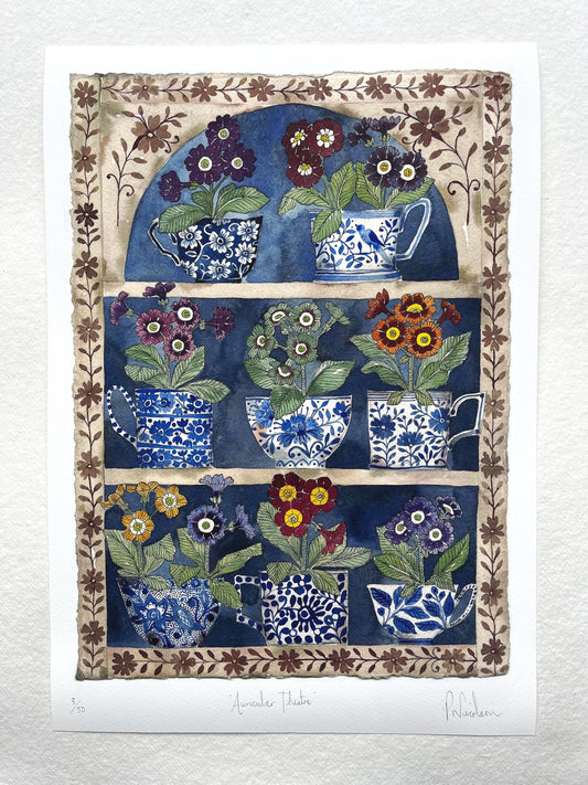 A3, limited edition giclee print of a watercolour and ink Auricular in delftware, ceramic mugs displayed in a plant Theatre.