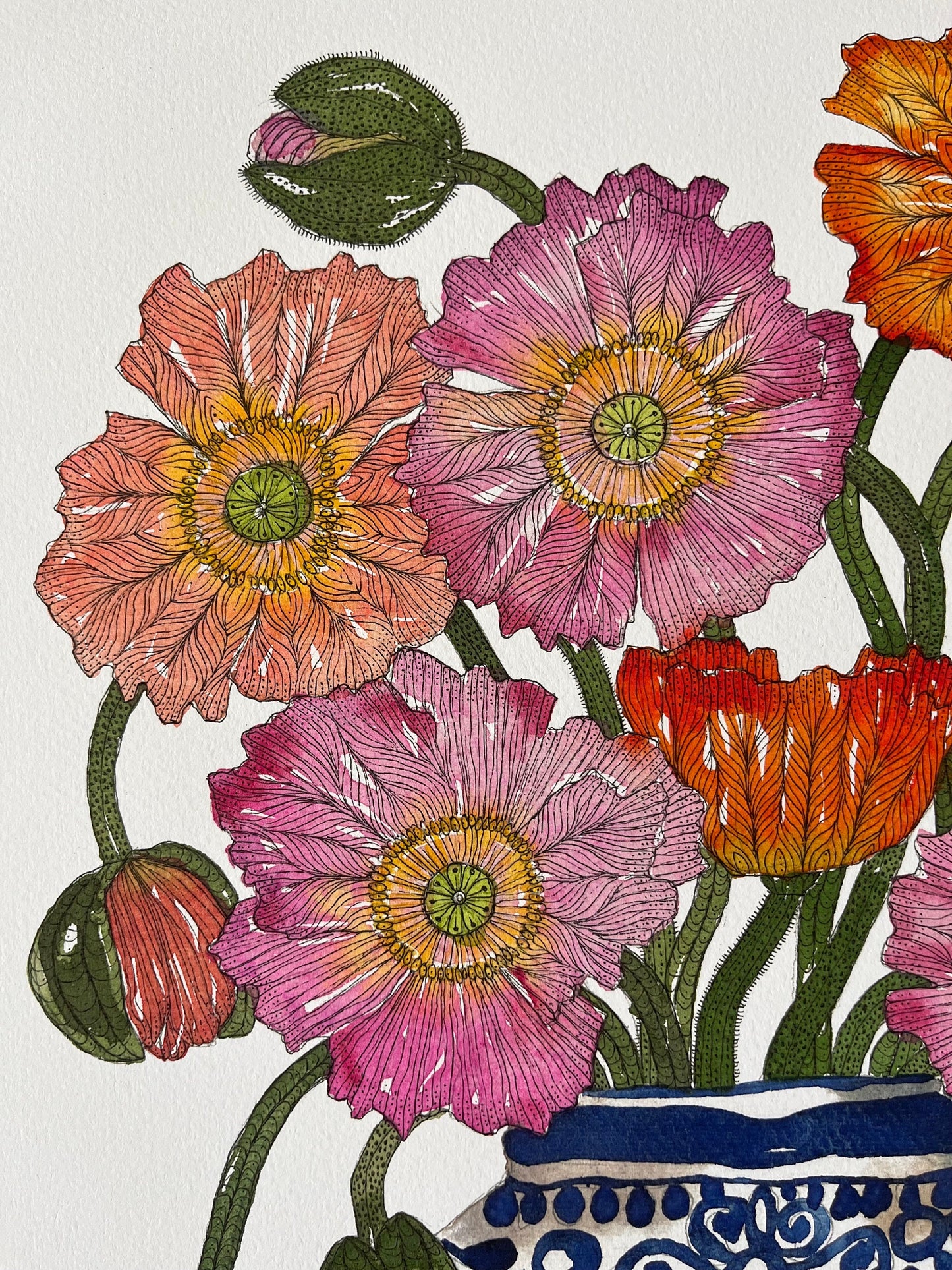 A3 limited edition, giclee print of curious and vibrant poppies in a blue and white patterned, ceramic pot.