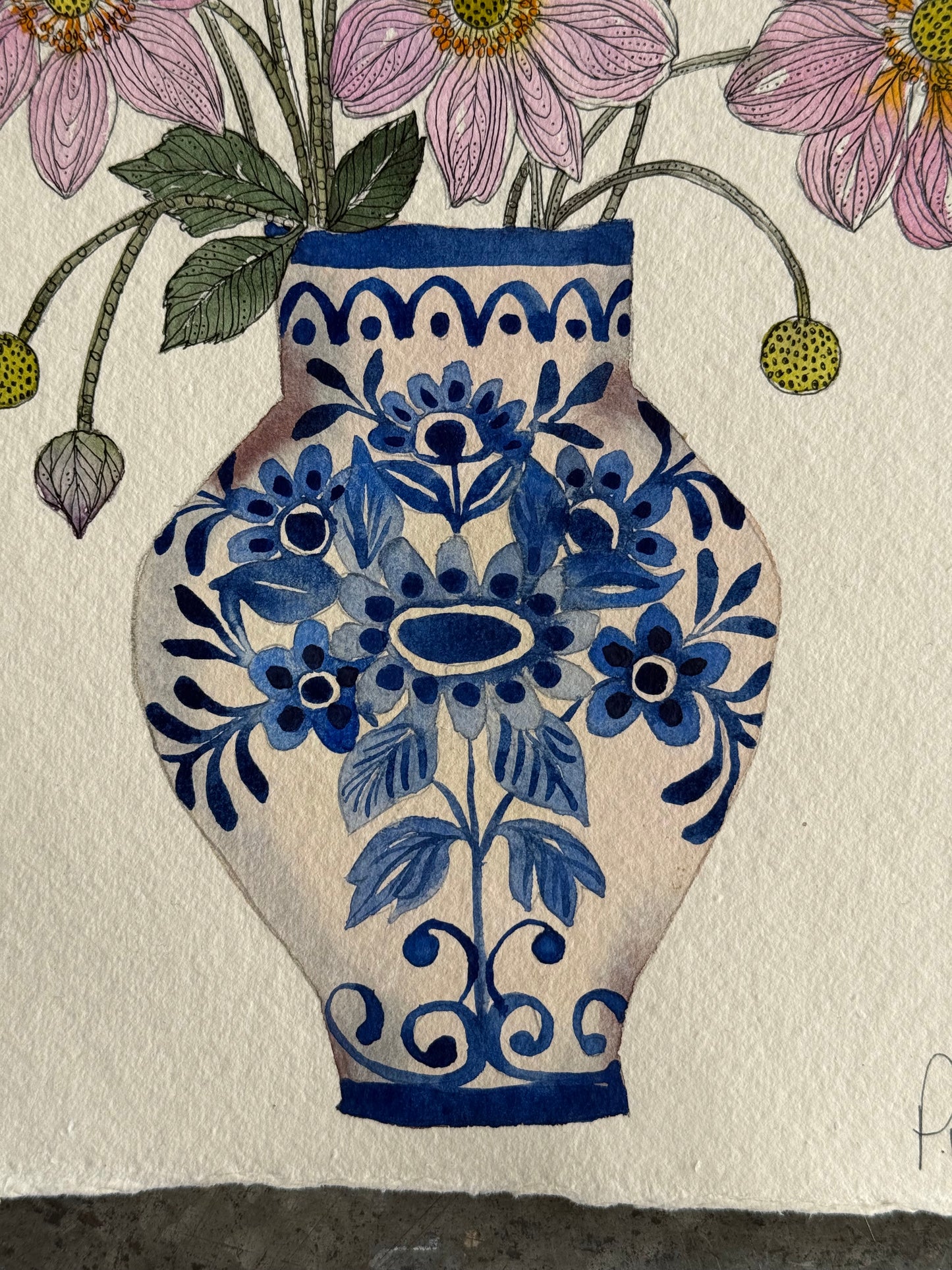 Original, A4 Watercolour Anemones in a Delft Vase