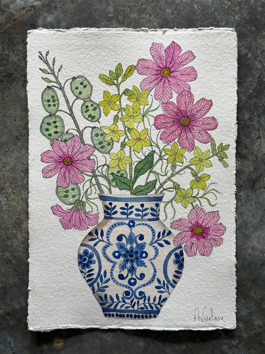 A4, Original Watercolour Cosmos, Nicotiana and Honesty Seed Pods