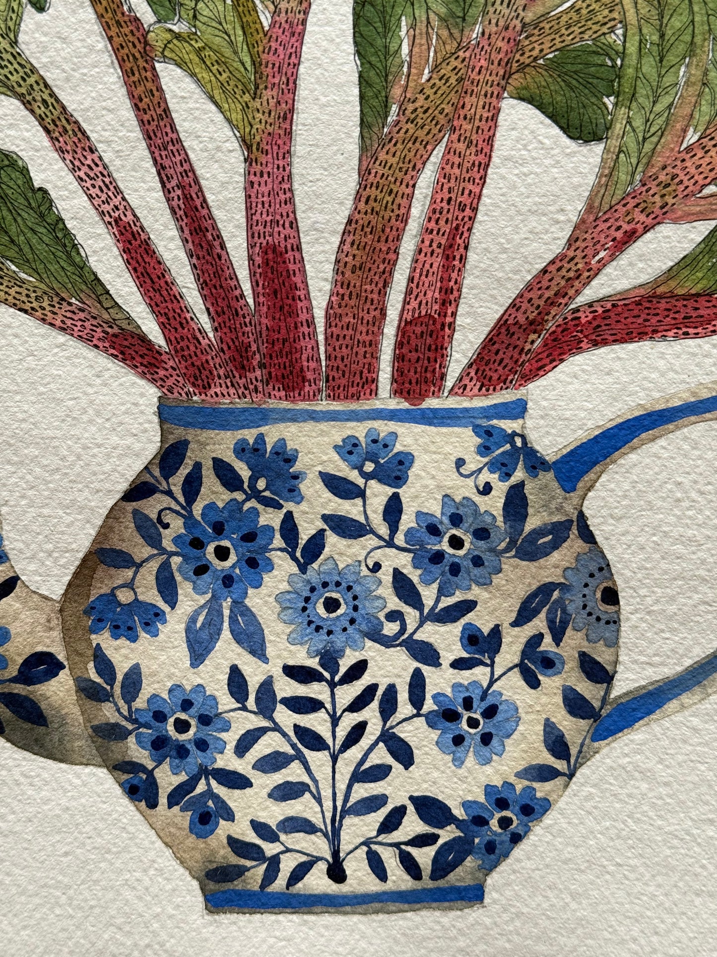 Original, Watercolour Rhubarb arranged in a Delft Teapot