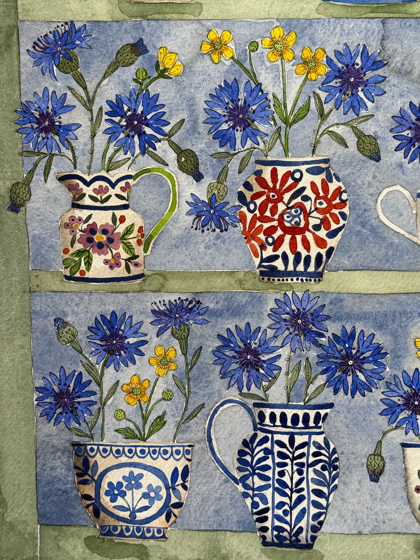 A3, Original Watercolour & Pen Cornflowers & Butterercups