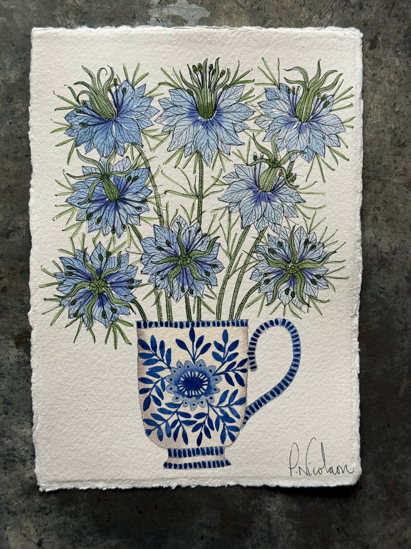 Original, A5 Watercolour Painting of Love in a Mist in a Delft Teacup
