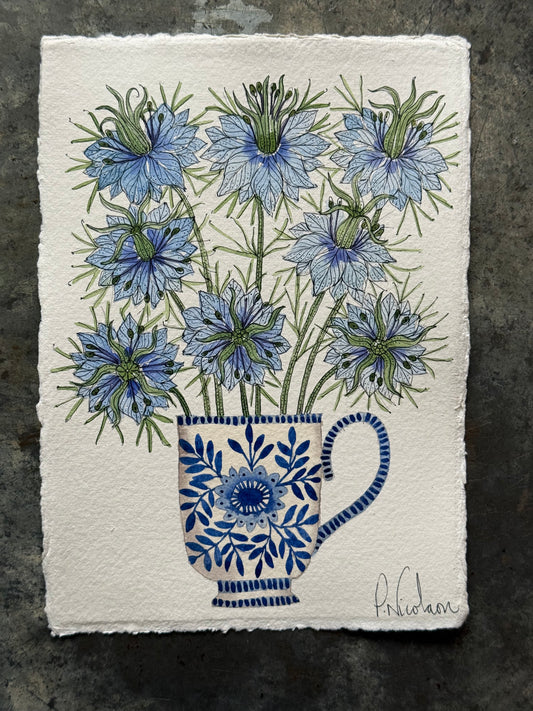 Original, A5 Watercolour Painting of Love in a Mist in a Delft Teacup