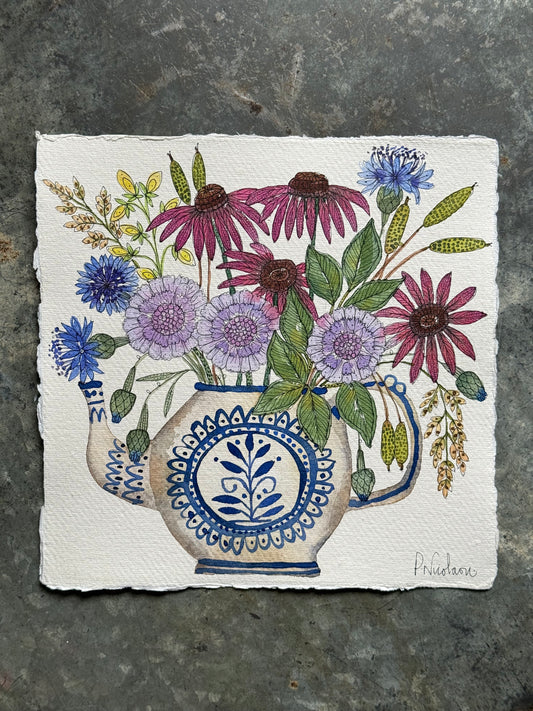 Original Watercolour & Pen Summer Flowers in a Teapot