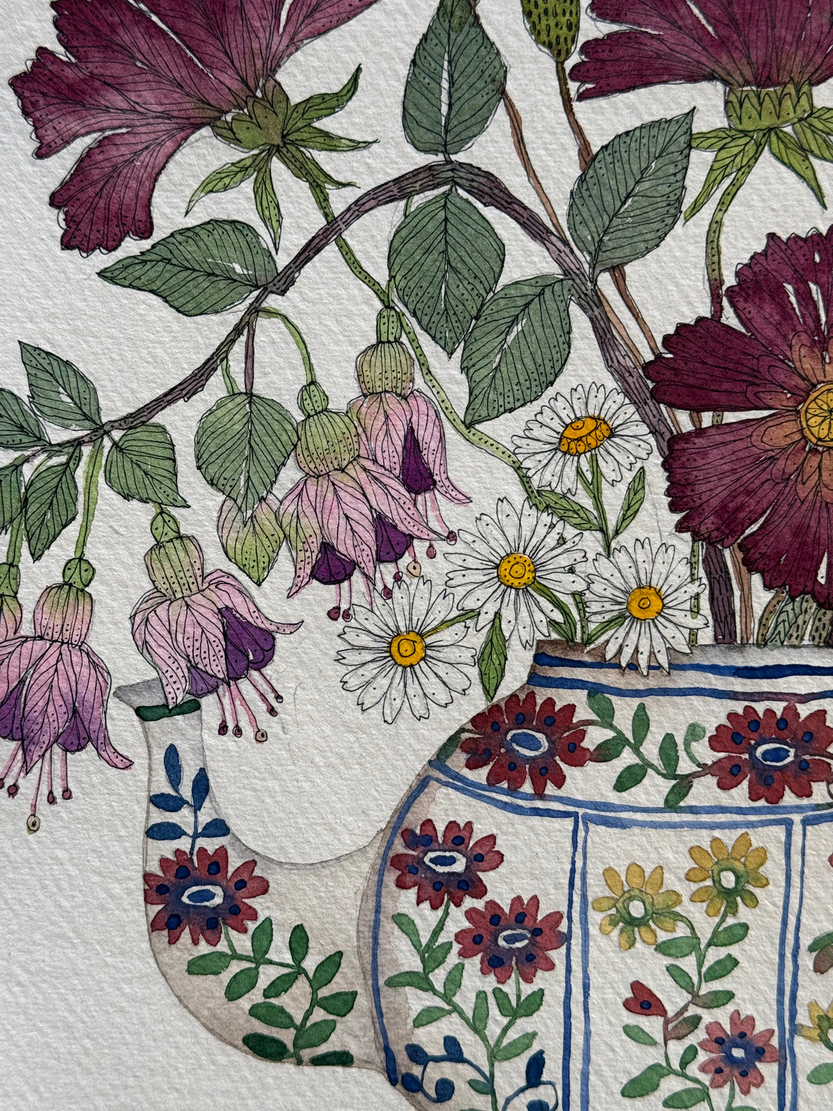 Large, Original Watercolour a Flowers in a matching Tea-set.