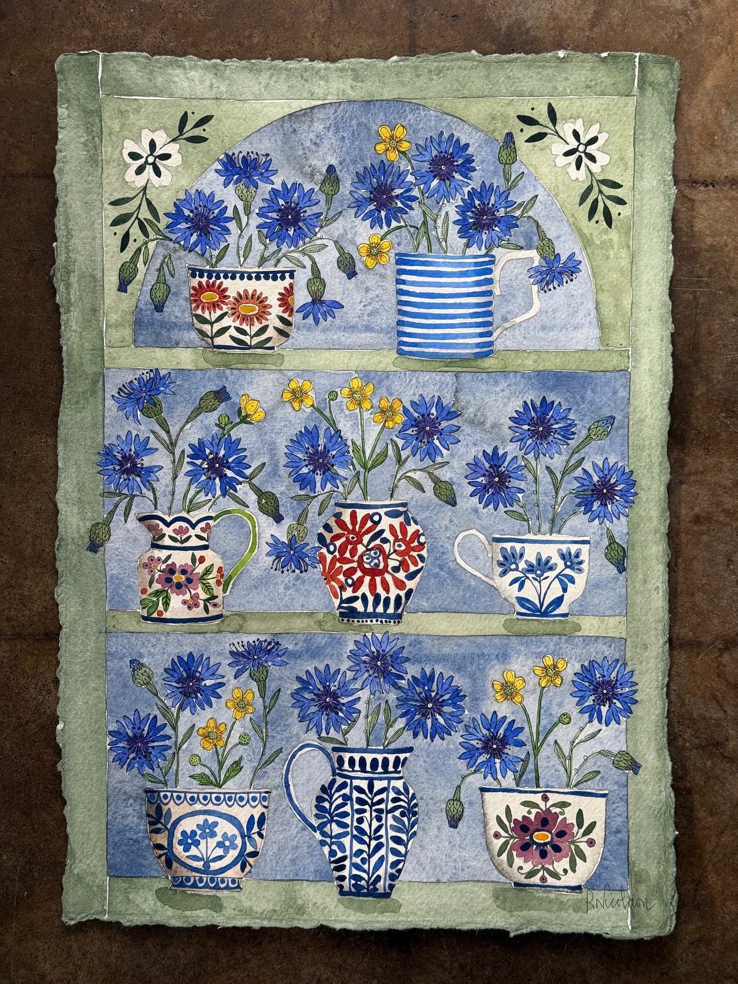 A3, Original Watercolour & Pen Cornflowers & Butterercups