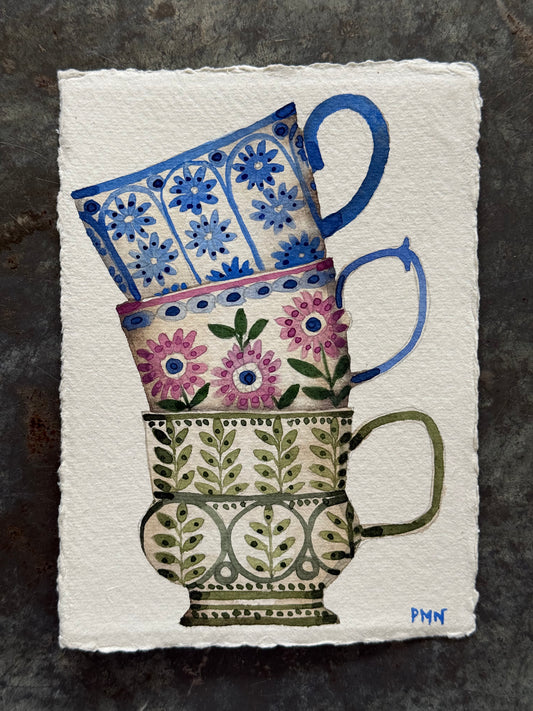 A6, Original Watercolour Stacked Teacups (C)