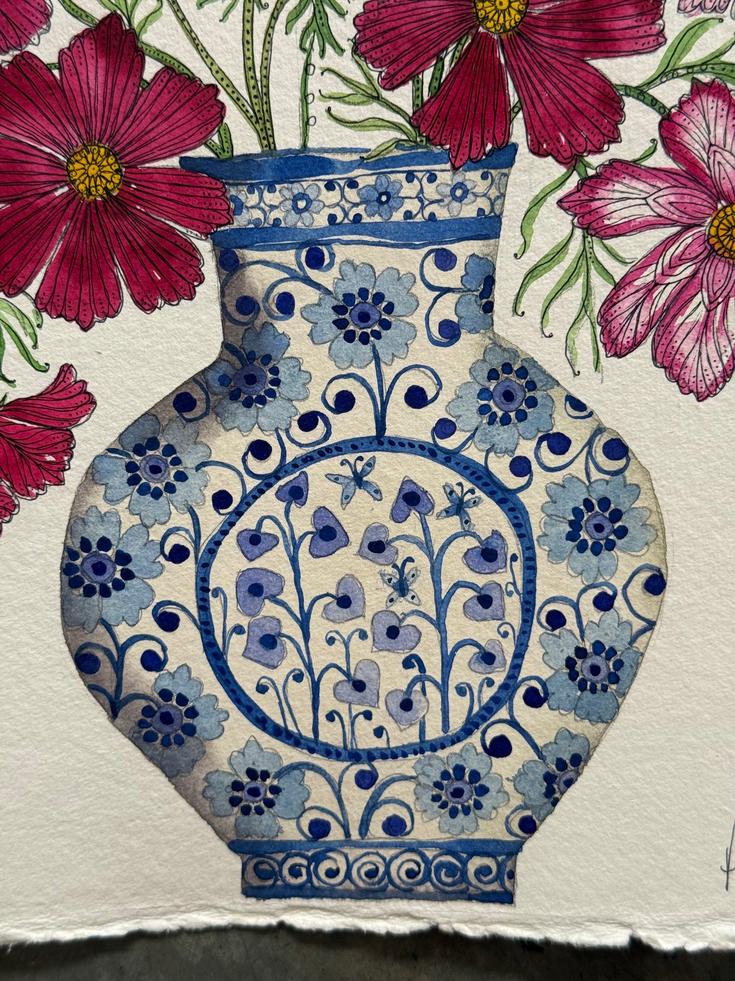 Original, A4 watercolour painting of Cosmos in a delft vase