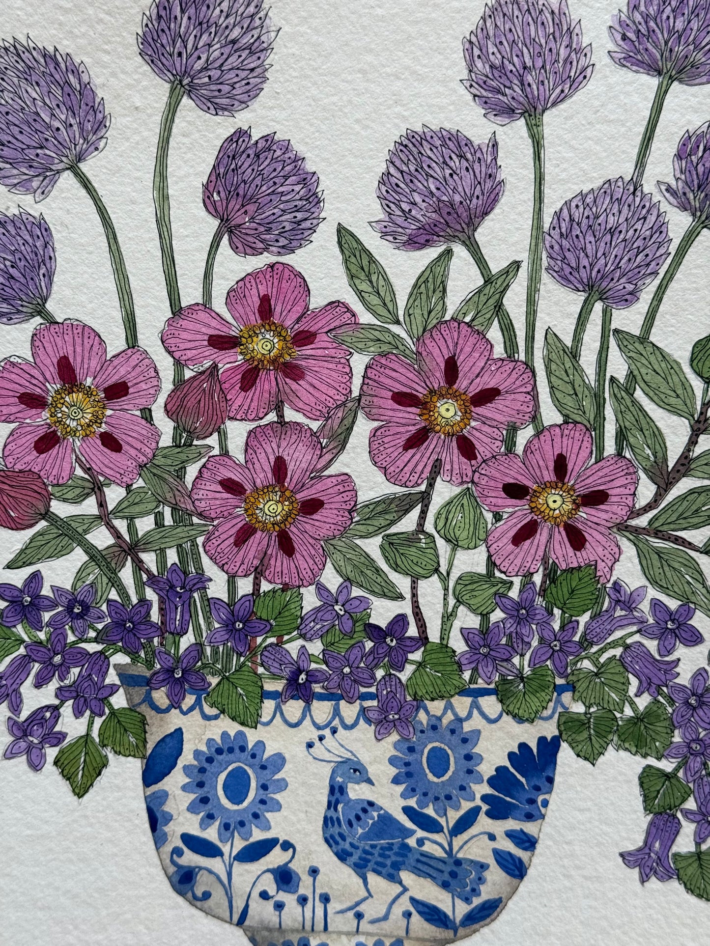 A4, Original Watercolour & Pen Cistus, Campanula & Chive Flowers